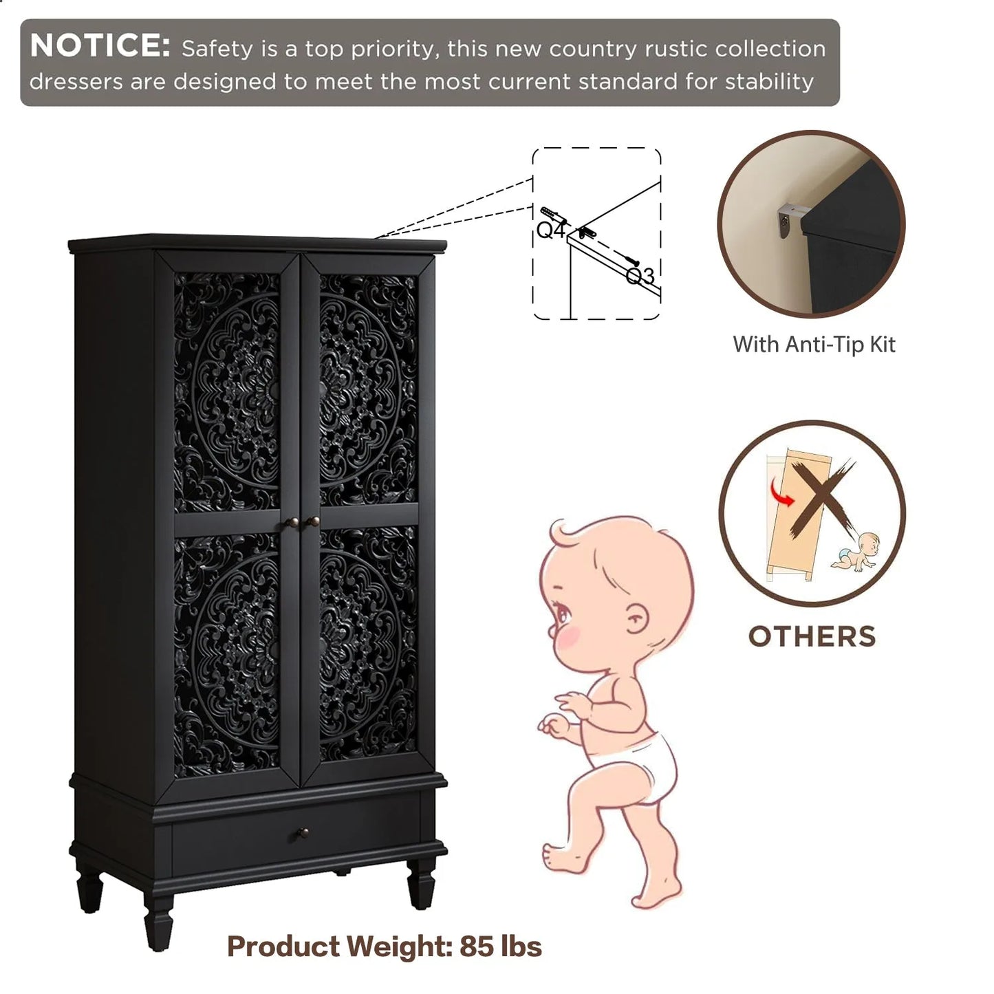 Rustic 55'' Tall Storage Cabinet with Drawer, Decorative 2-Door Carved Wood Accent Cabinet with Solid Wood Legs for Living Room, Hallway, Dining Room, Black detail view 12