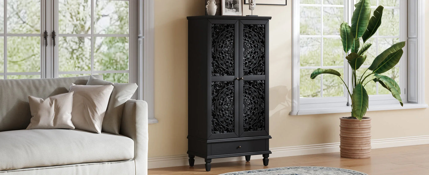 Rustic 55'' Tall Storage Cabinet with Drawer, Decorative 2-Door Carved Wood Accent Cabinet with Solid Wood Legs for Living Room, Hallway, Dining Room, Black detail view 14