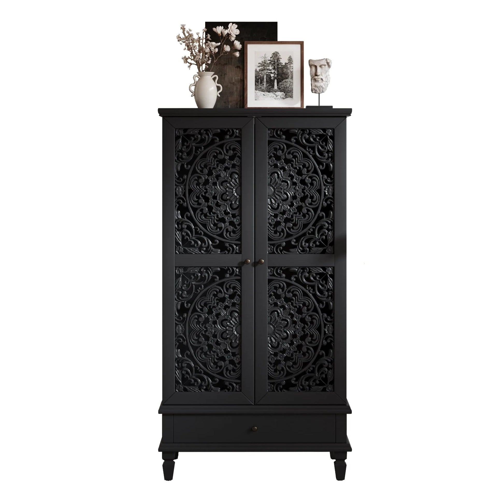Rustic 55'' Tall Storage Cabinet with Drawer, Decorative 2-Door Carved Wood Accent Cabinet with Solid Wood Legs for Living Room, Hallway, Dining Room, Black detail view 15
