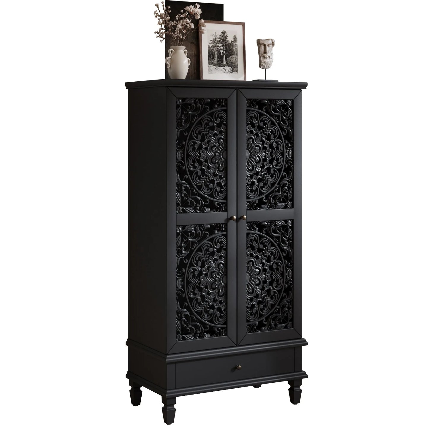 Rustic 55'' Tall Storage Cabinet with Drawer, Decorative 2-Door Carved Wood Accent Cabinet with Solid Wood Legs for Living Room, Hallway, Dining Room, Black detail view 16