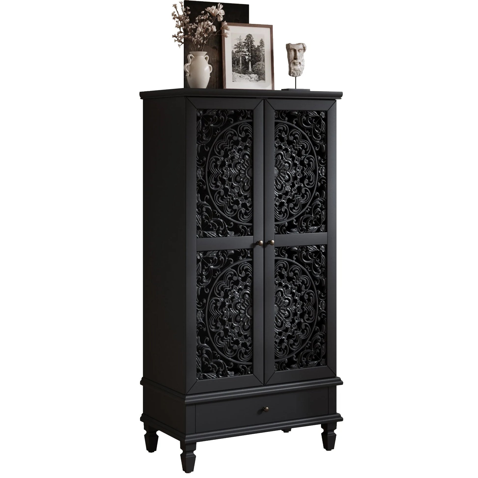 Rustic 55'' Tall Storage Cabinet with Drawer, Decorative 2-Door Carved Wood Accent Cabinet with Solid Wood Legs for Living Room, Hallway, Dining Room, Black detail view 16