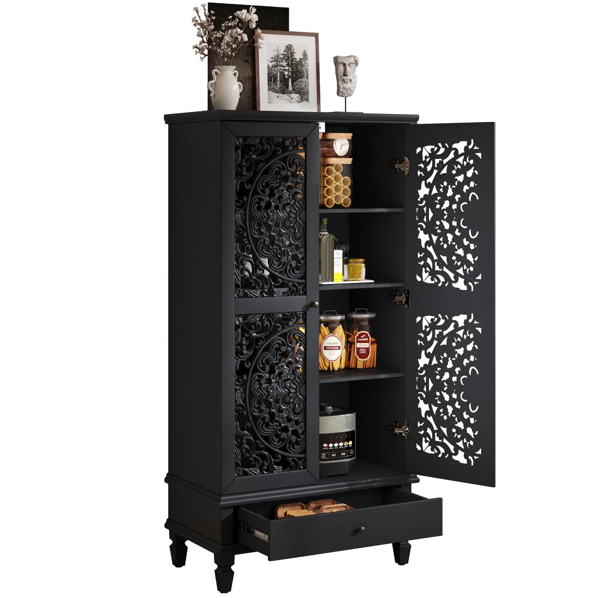Rustic 55'' Tall Storage Cabinet with Drawer, Decorative 2-Door Carved Wood Accent Cabinet with Solid Wood Legs for Living Room, Hallway, Dining Room, Black detail view 17