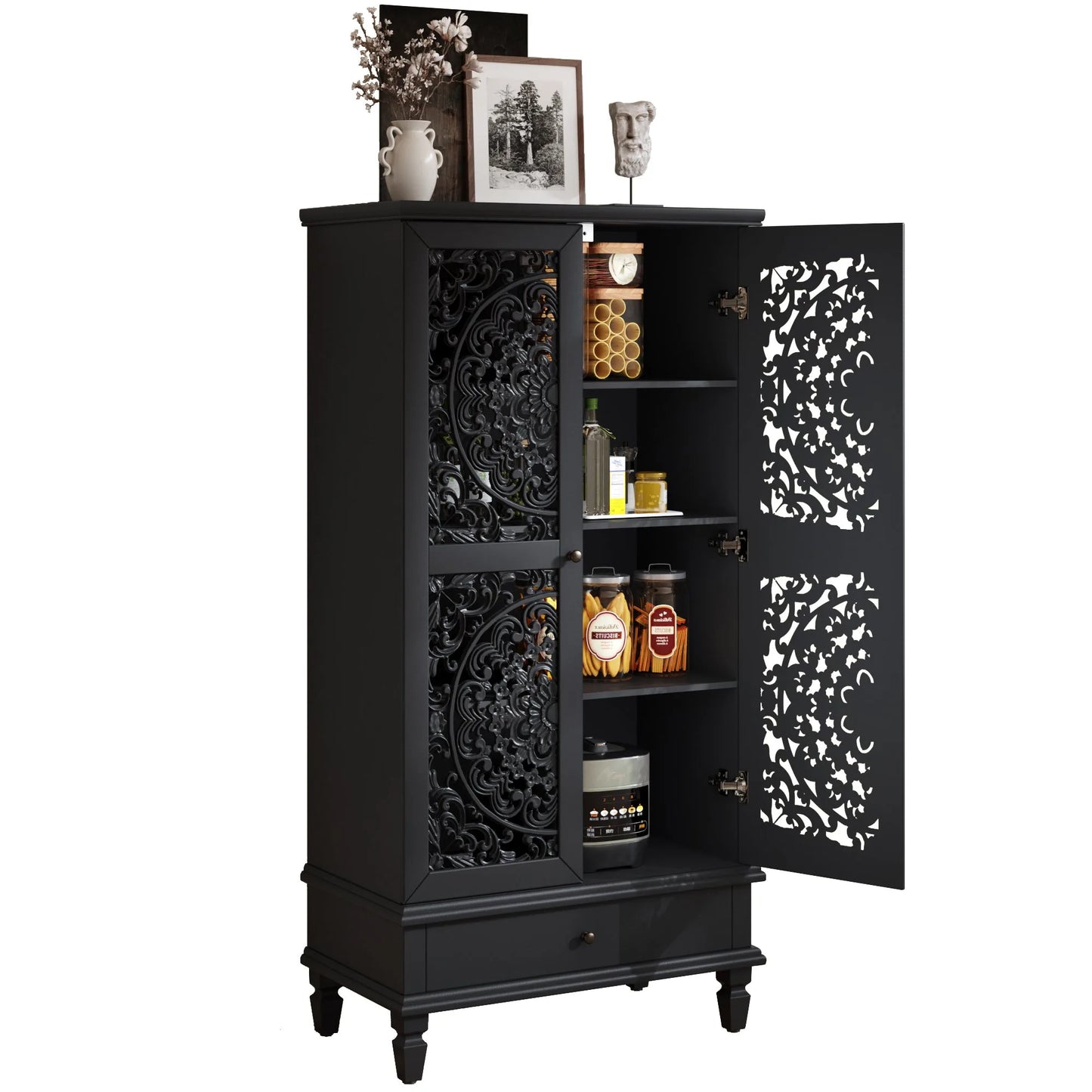 Rustic 55'' Tall Storage Cabinet with Drawer, Decorative 2-Door Carved Wood Accent Cabinet with Solid Wood Legs for Living Room, Hallway, Dining Room, Black detail view 18