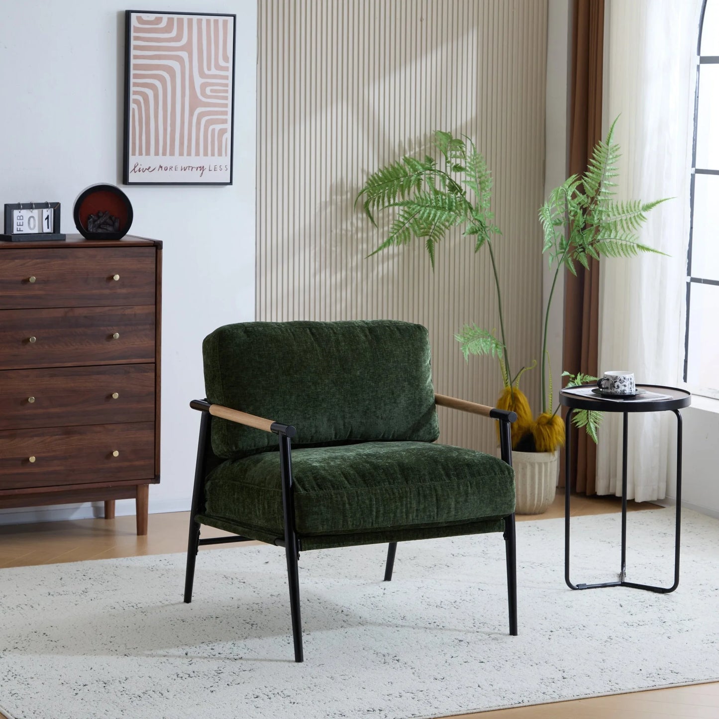Modern Accent Chair with Plush Cushions, Minimalist Metal Frame, Wooden Armrest Design, Green lifestyle view