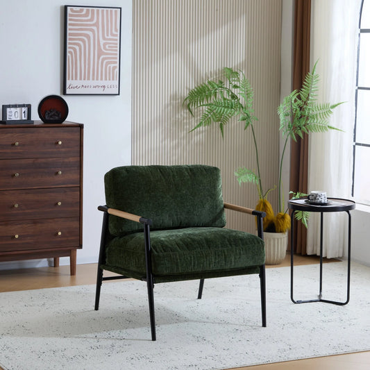 Modern Accent Chair with Plush Cushions, Minimalist Metal Frame, Wooden Armrest Design, Green lifestyle view
