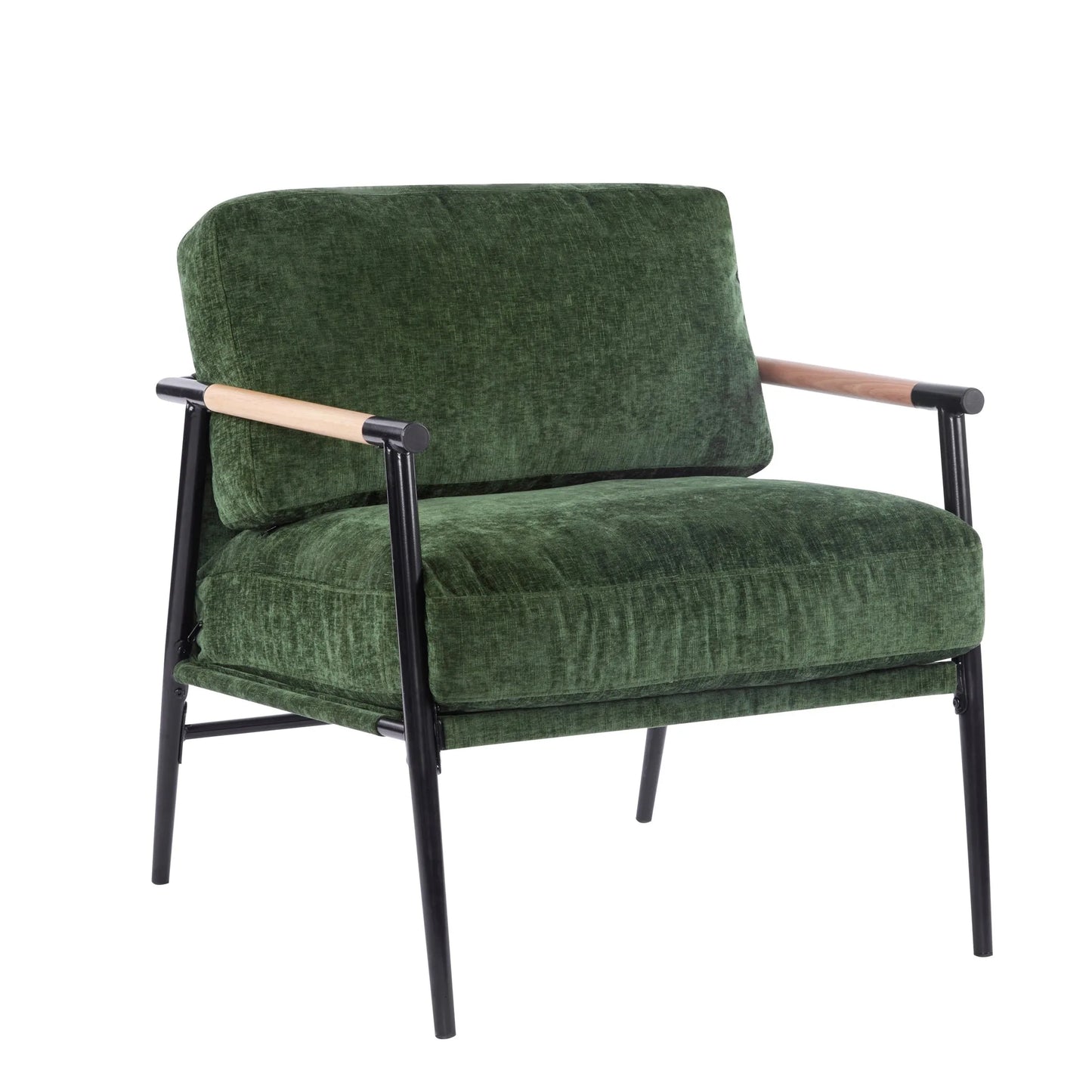 Modern Accent Chair with Plush Cushions, Minimalist Metal Frame, Wooden Armrest Design, Green detail view 2
