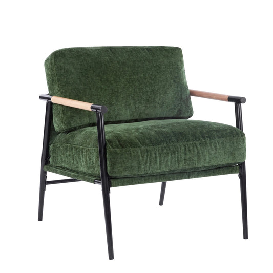 Modern Accent Chair with Plush Cushions, Minimalist Metal Frame, Wooden Armrest Design, Green detail view 2