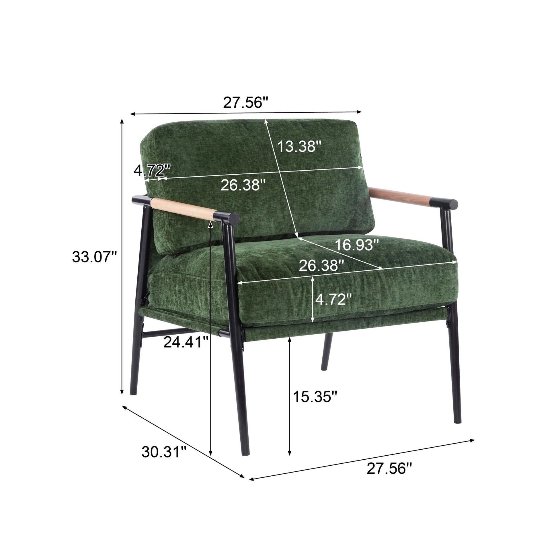 Modern Accent Chair with Plush Cushions, Minimalist Metal Frame, Wooden Armrest Design, Green detail view 3