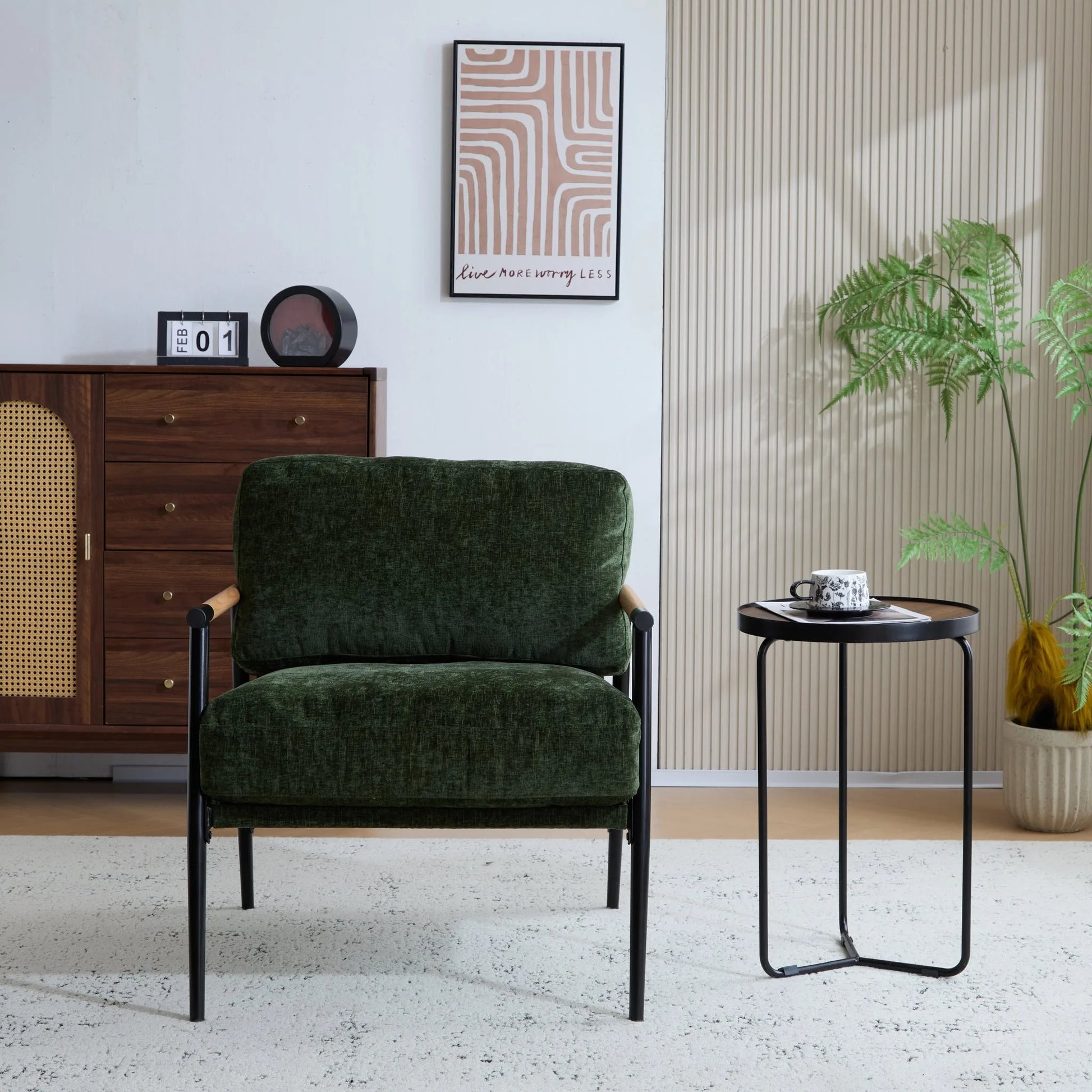Modern Accent Chair with Plush Cushions, Minimalist Metal Frame, Wooden Armrest Design, Green detail view 4
