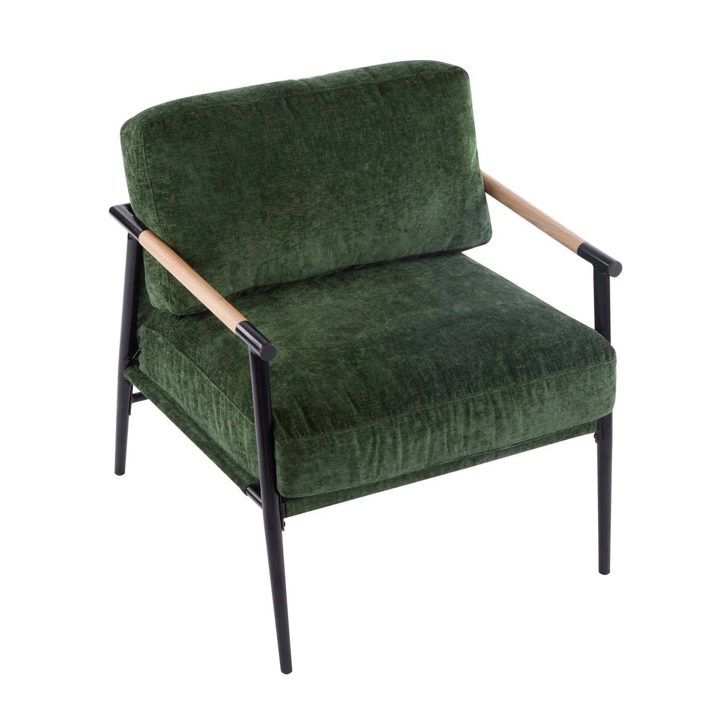 Modern Accent Chair with Plush Cushions, Minimalist Metal Frame, Wooden Armrest Design, Green detail view 5