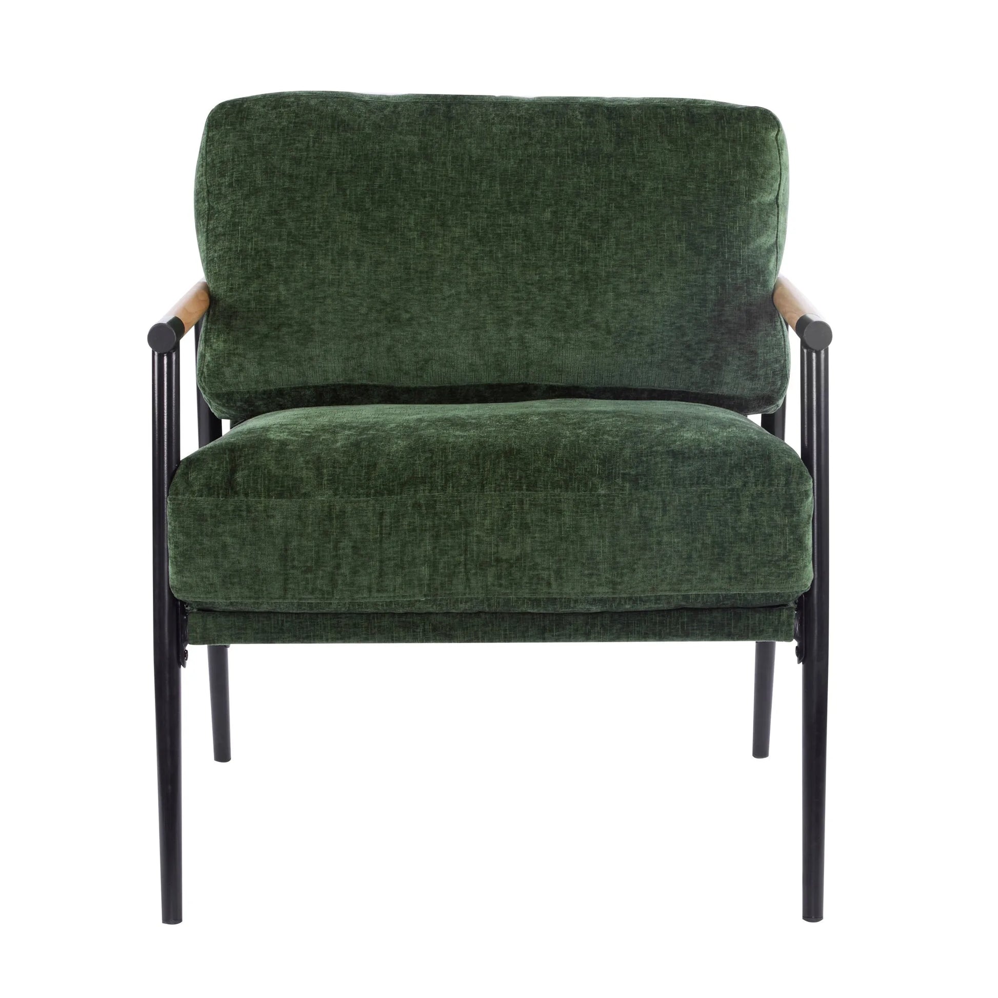 Modern Accent Chair with Plush Cushions, Minimalist Metal Frame, Wooden Armrest Design, Green detail view 6