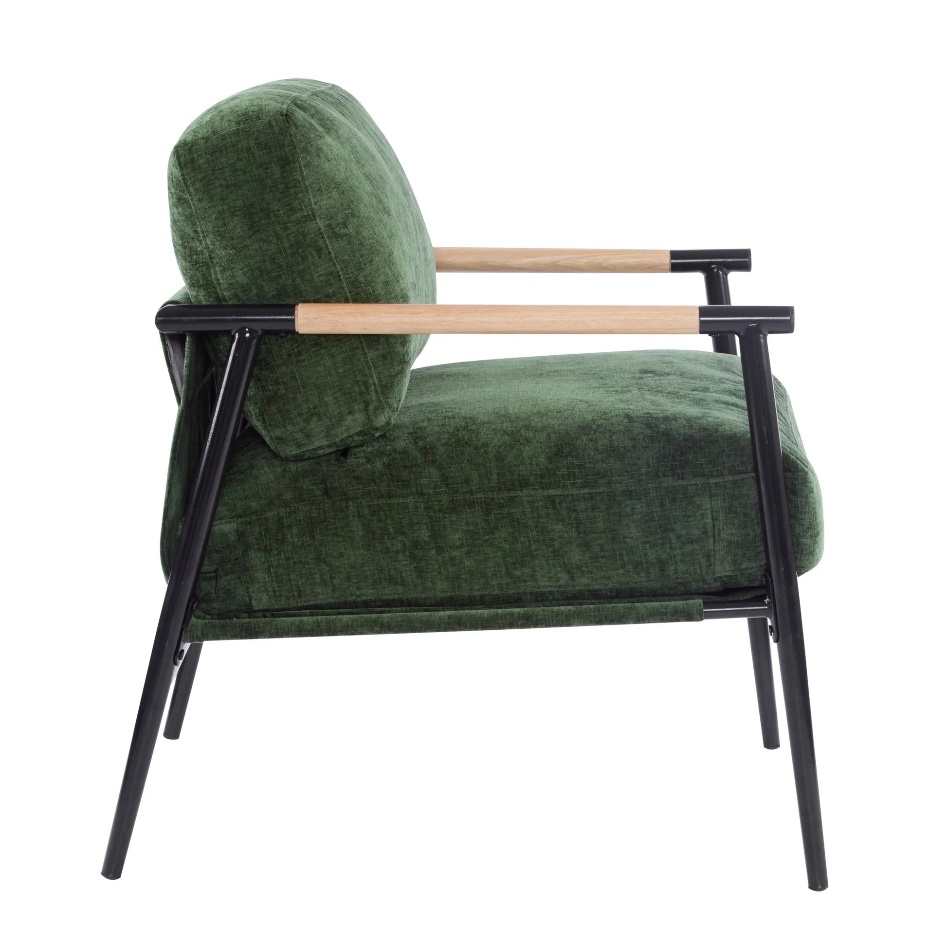 Modern Accent Chair with Plush Cushions, Minimalist Metal Frame, Wooden Armrest Design, Green detail view 7