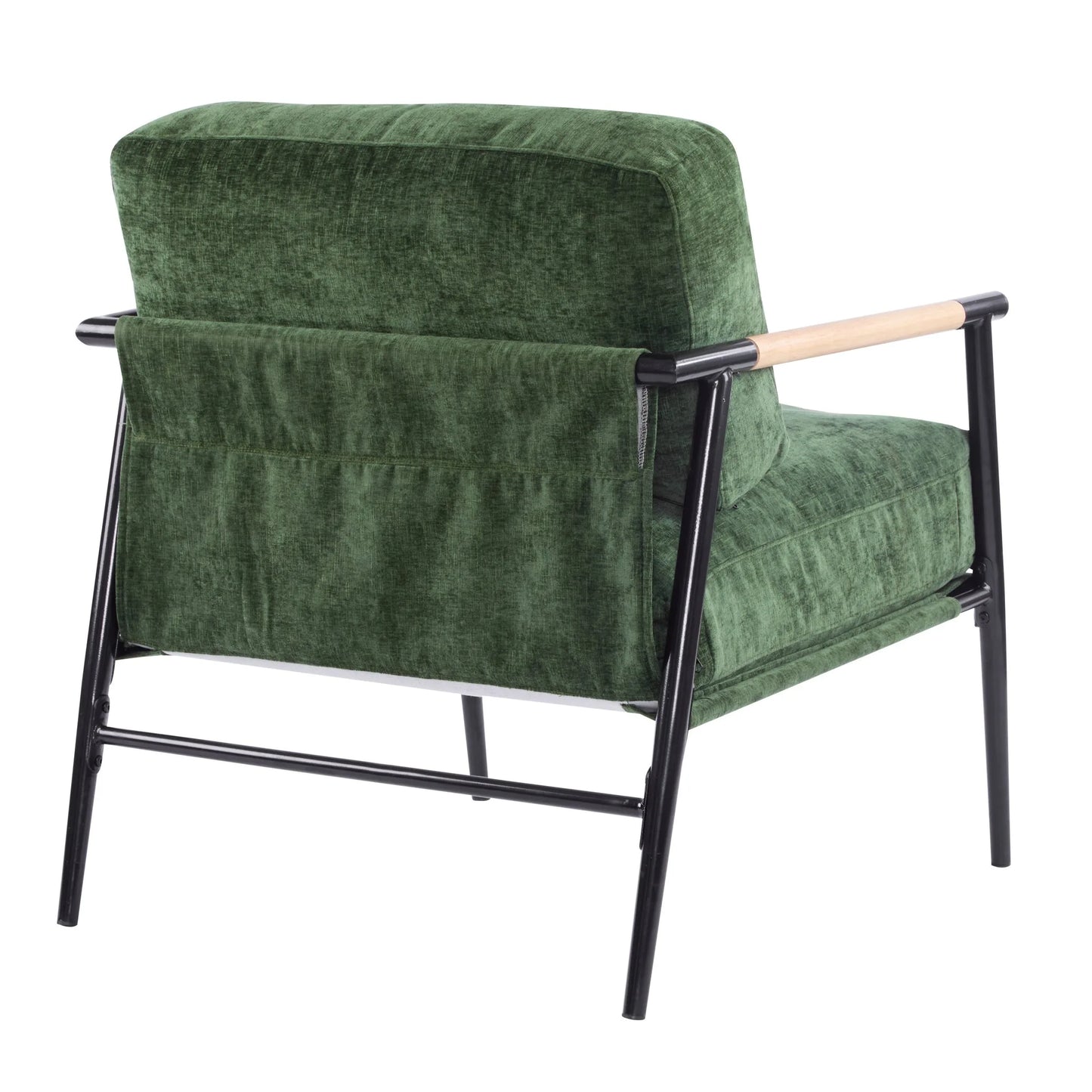 Modern Accent Chair with Plush Cushions, Minimalist Metal Frame, Wooden Armrest Design, Green detail view 8