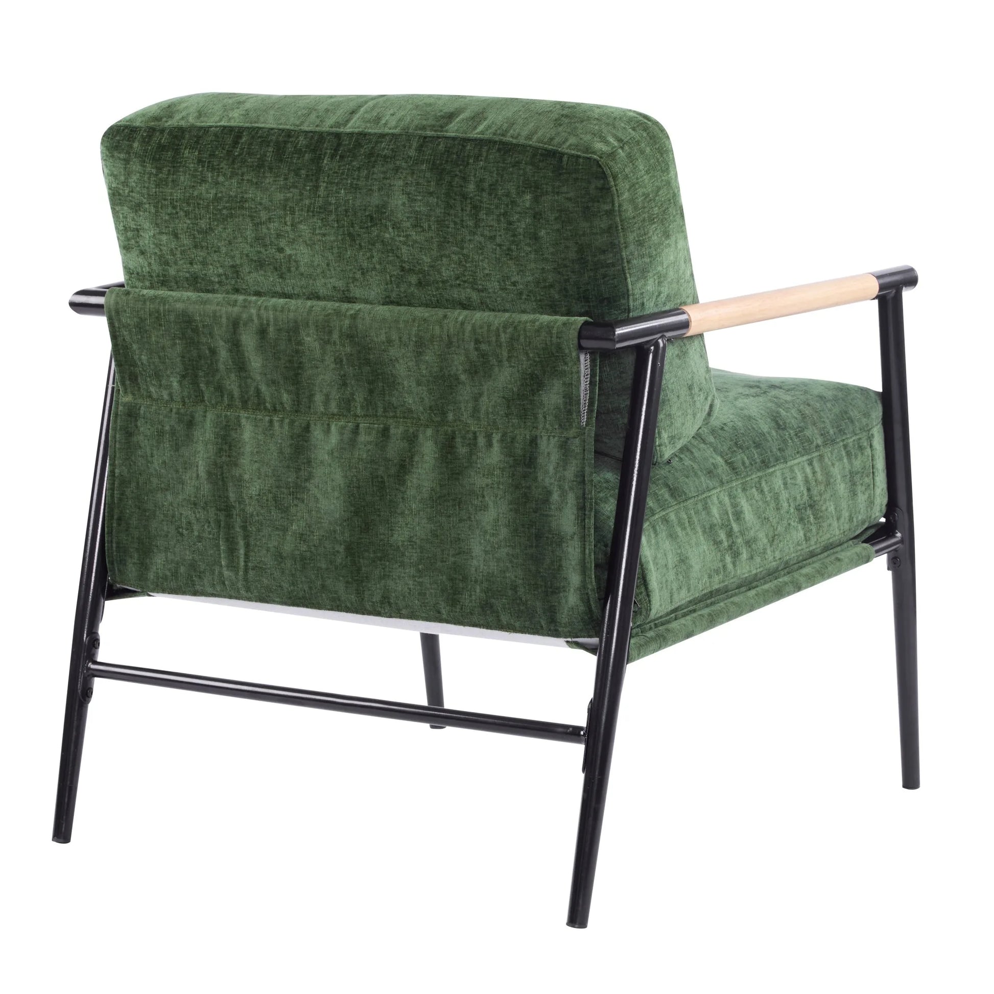 Modern Accent Chair with Plush Cushions, Minimalist Metal Frame, Wooden Armrest Design, Green detail view 8