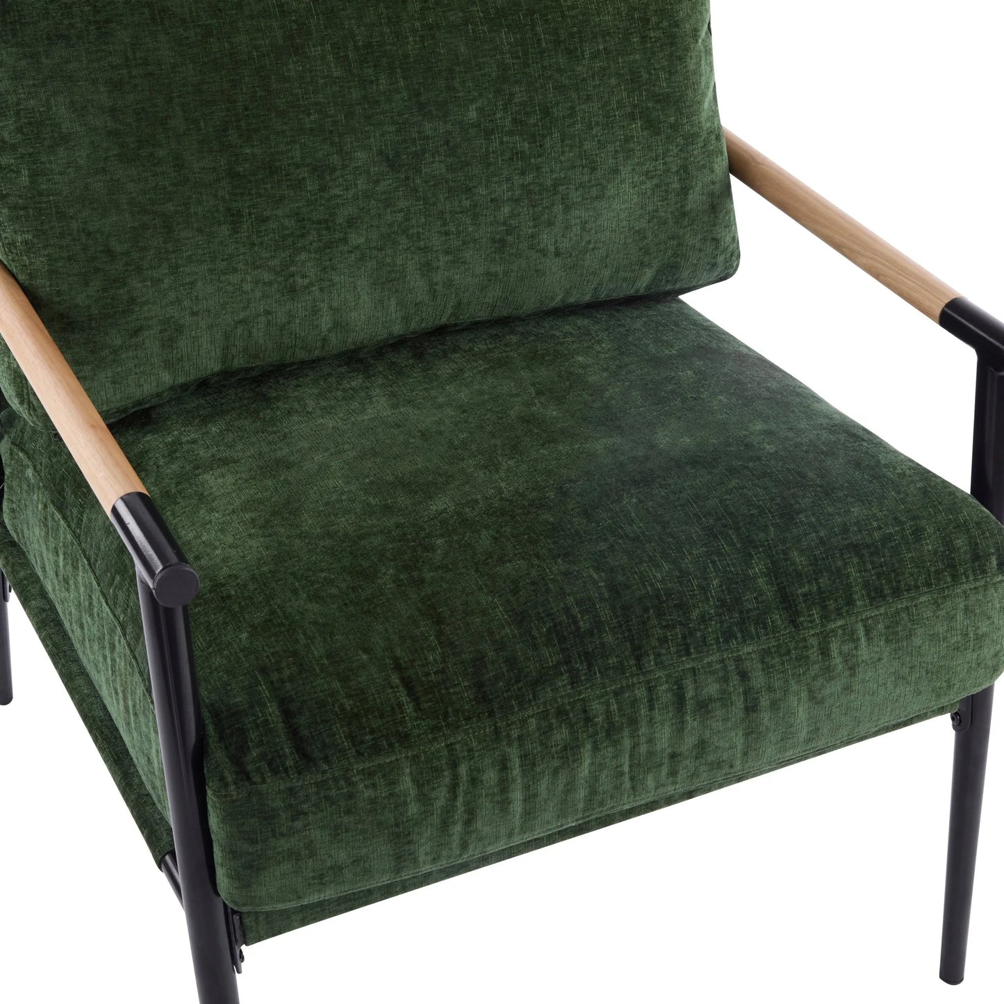 Modern Accent Chair with Plush Cushions, Minimalist Metal Frame, Wooden Armrest Design, Green detail view 11