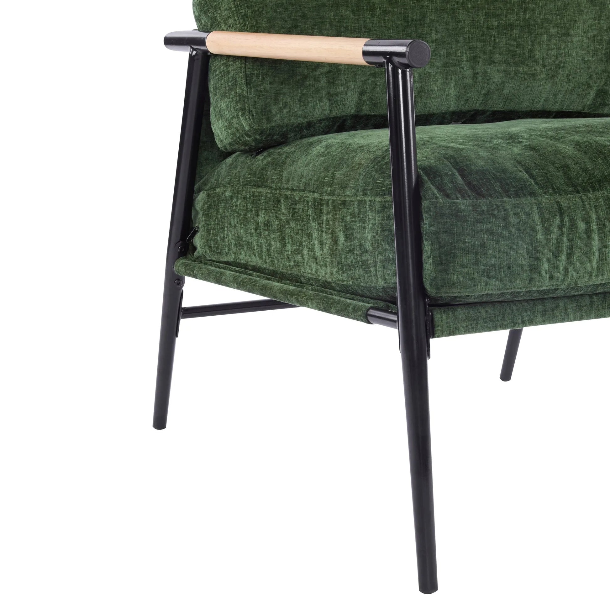 Modern Accent Chair with Plush Cushions, Minimalist Metal Frame, Wooden Armrest Design, Green detail view 12
