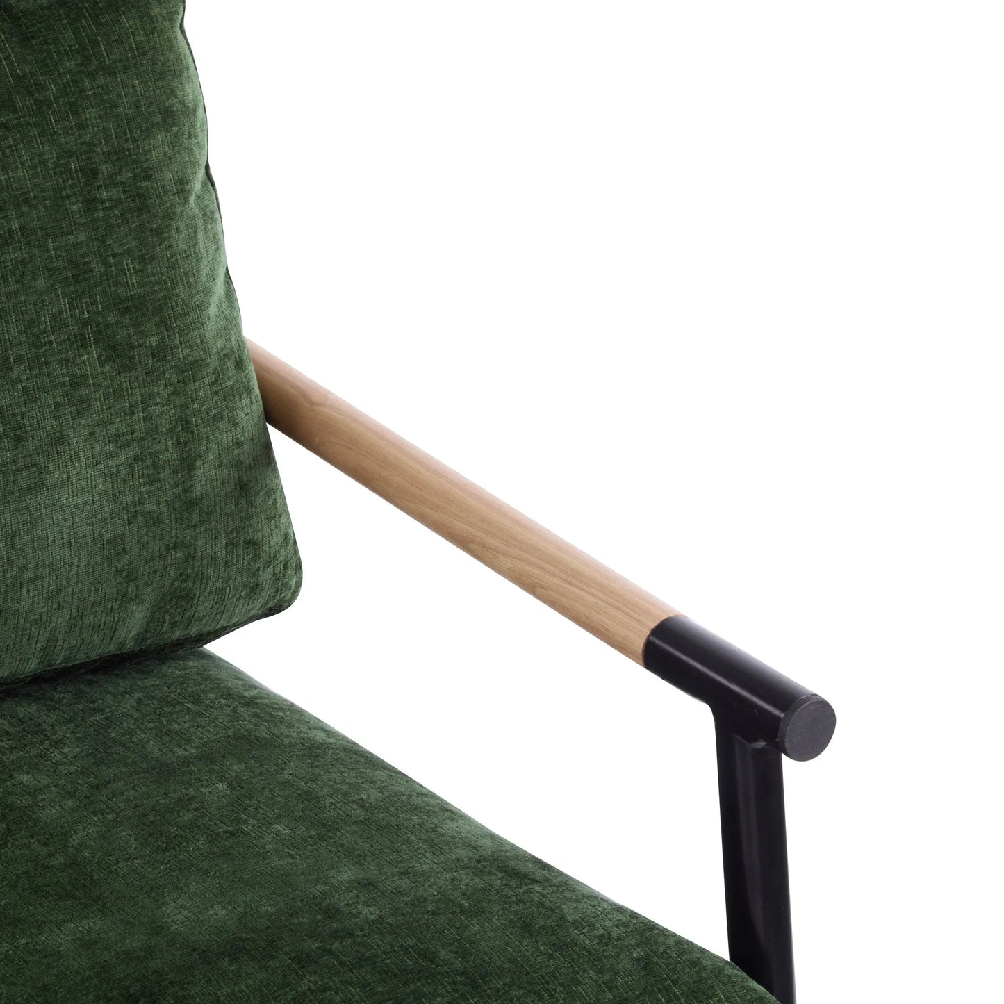 Modern Accent Chair with Plush Cushions, Minimalist Metal Frame, Wooden Armrest Design, Green detail view 13