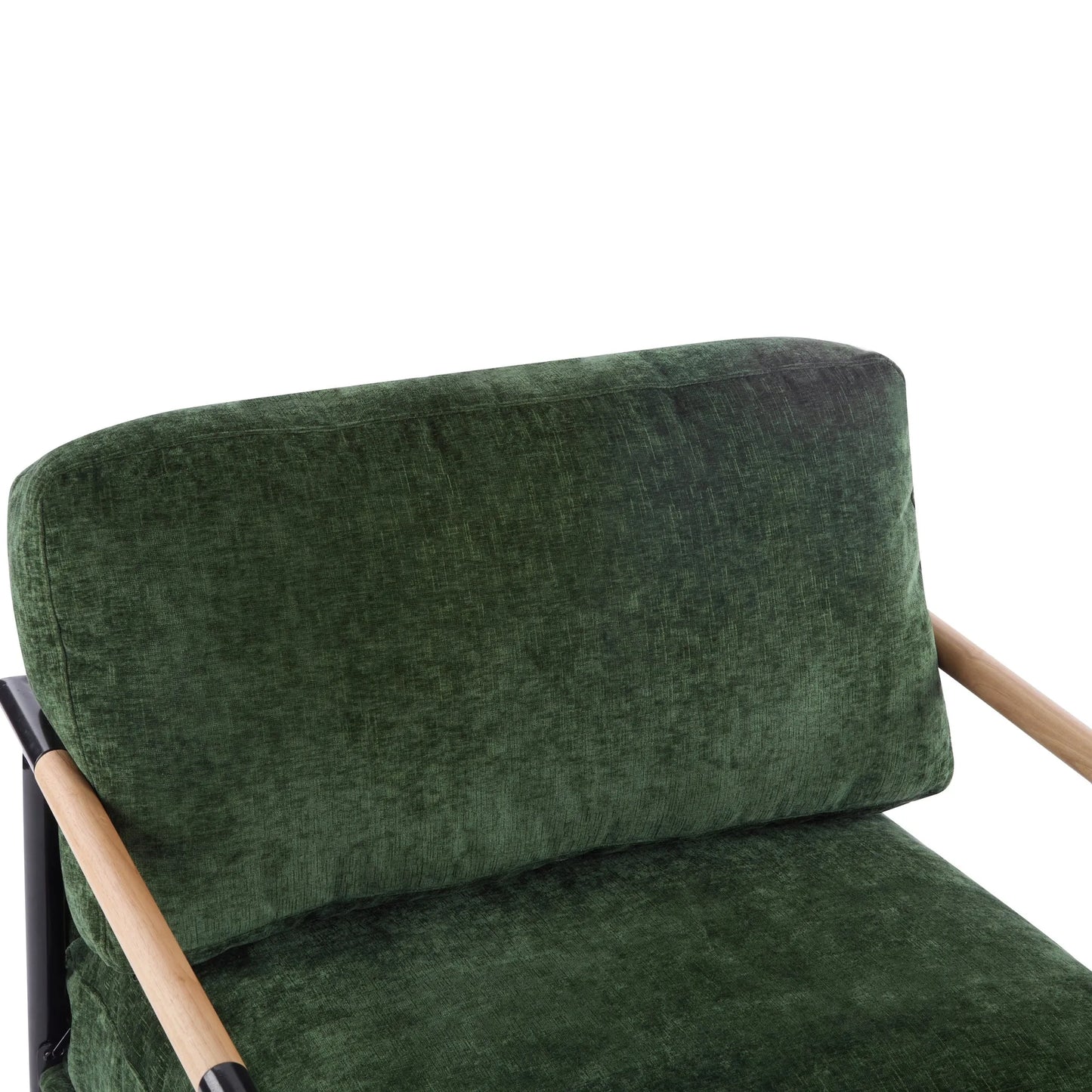 Modern Accent Chair with Plush Cushions, Minimalist Metal Frame, Wooden Armrest Design, Green detail view 14