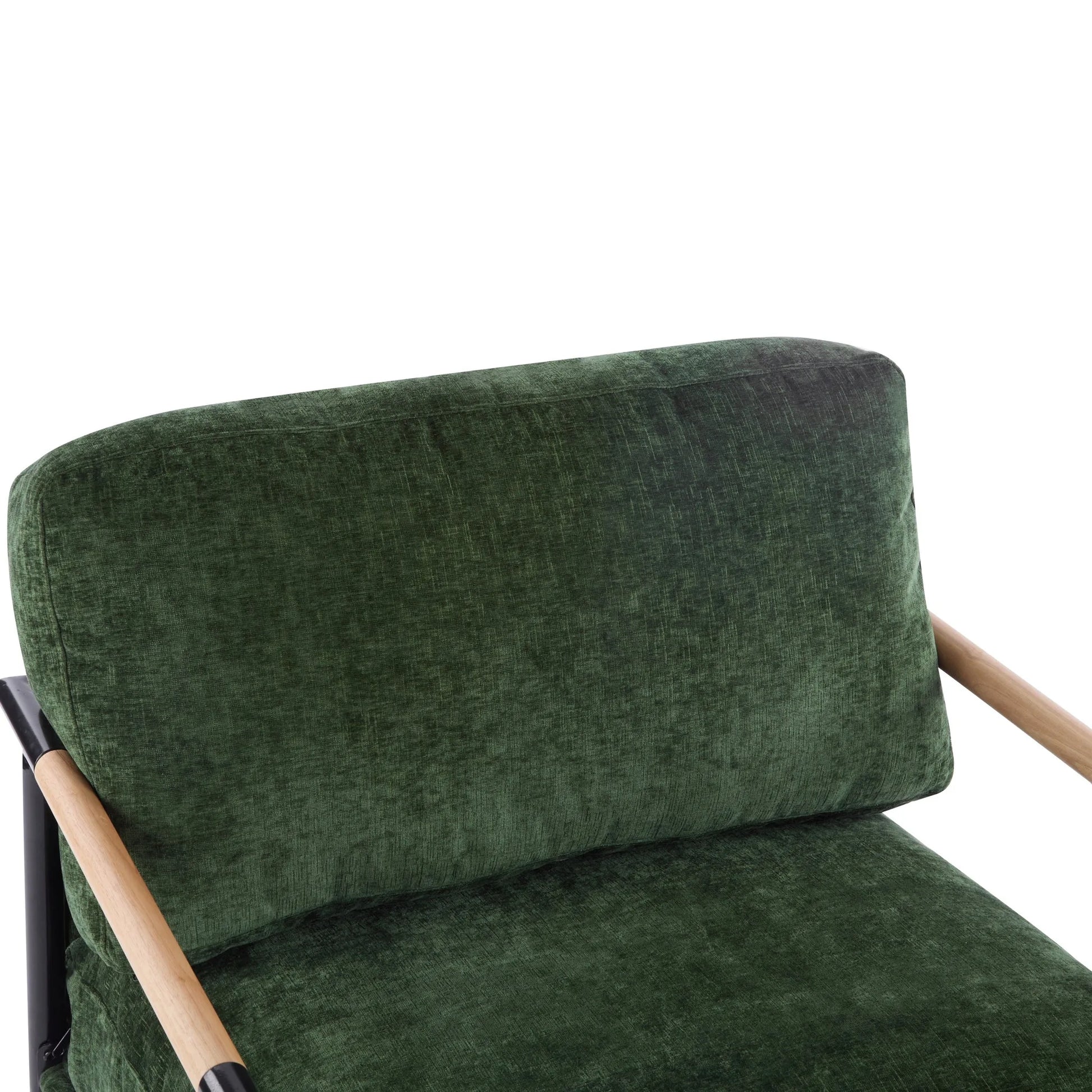 Modern Accent Chair with Plush Cushions, Minimalist Metal Frame, Wooden Armrest Design, Green detail view 14