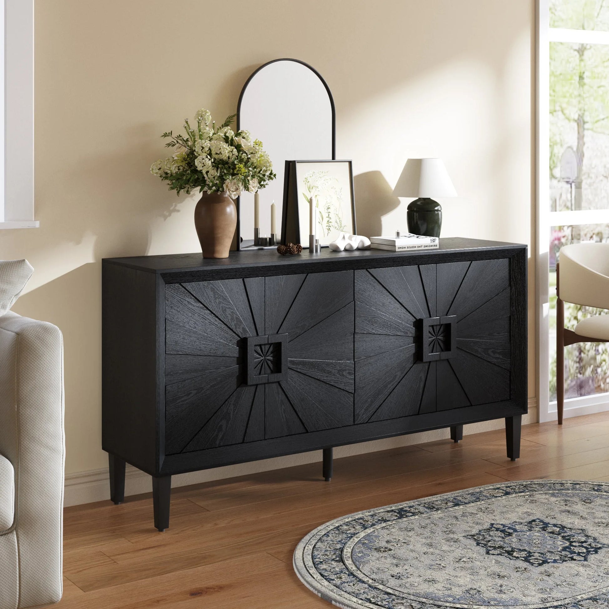 60' Premium Rustic American Farmhouse Credenza in Elegant Black - Symmetrical Sunburst Door Design, Heavy-Duty TV Stand with Adjustable Shelves, Black Wood Storage Cabinet lifestyle view