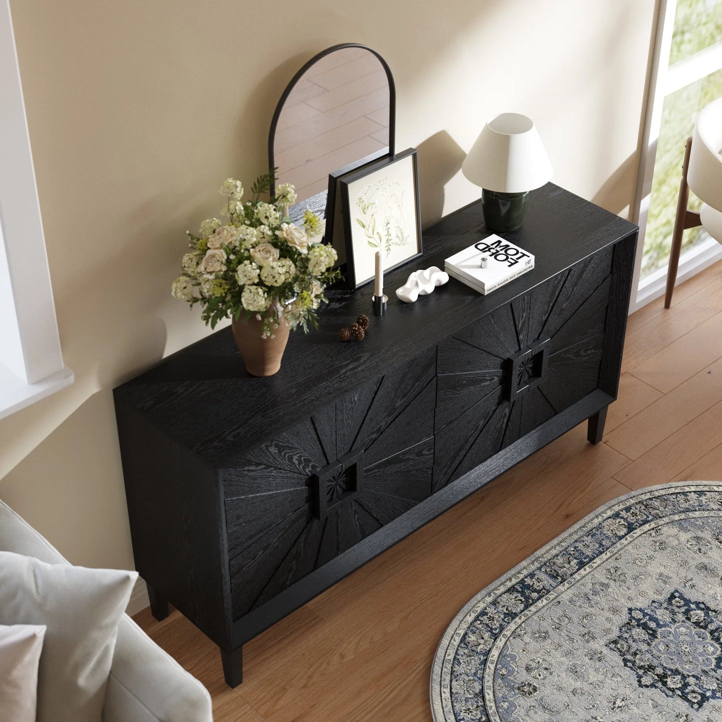 60' Premium Rustic American Farmhouse Credenza in Elegant Black - Symmetrical Sunburst Door Design, Heavy-Duty TV Stand with Adjustable Shelves, Black Wood Storage Cabinet detail view 3
