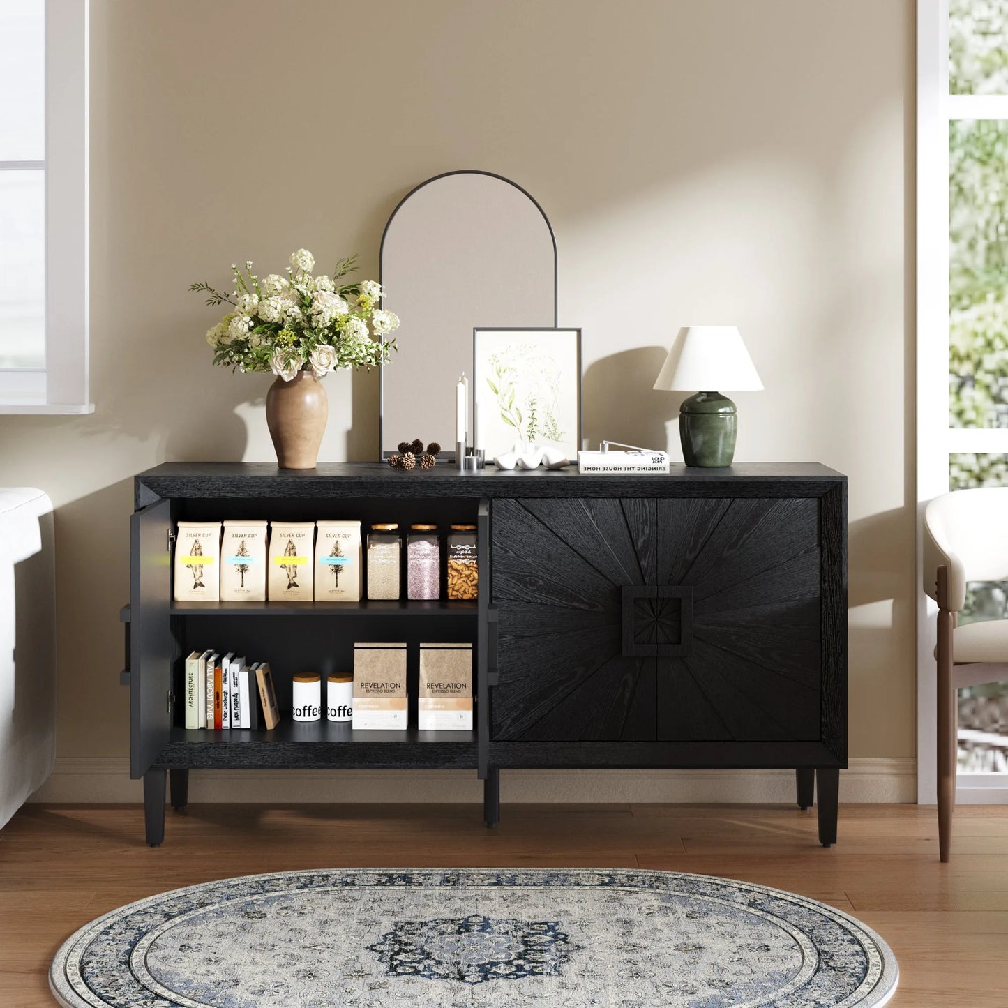 60' Premium Rustic American Farmhouse Credenza in Elegant Black - Symmetrical Sunburst Door Design, Heavy-Duty TV Stand with Adjustable Shelves, Black Wood Storage Cabinet detail view 4