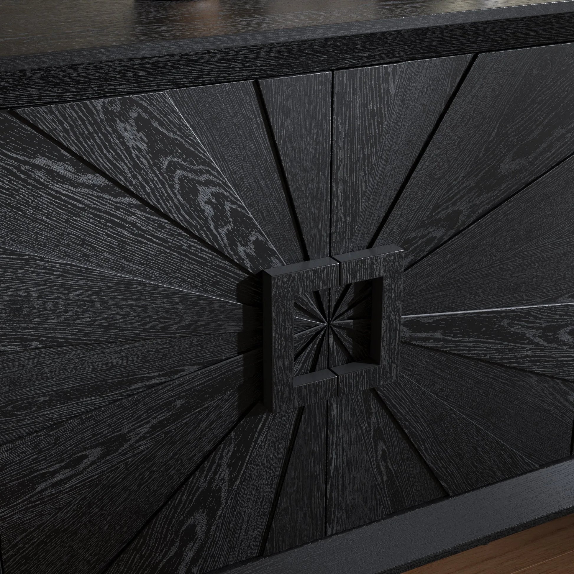 60' Premium Rustic American Farmhouse Credenza in Elegant Black - Symmetrical Sunburst Door Design, Heavy-Duty TV Stand with Adjustable Shelves, Black Wood Storage Cabinet detail view 6
