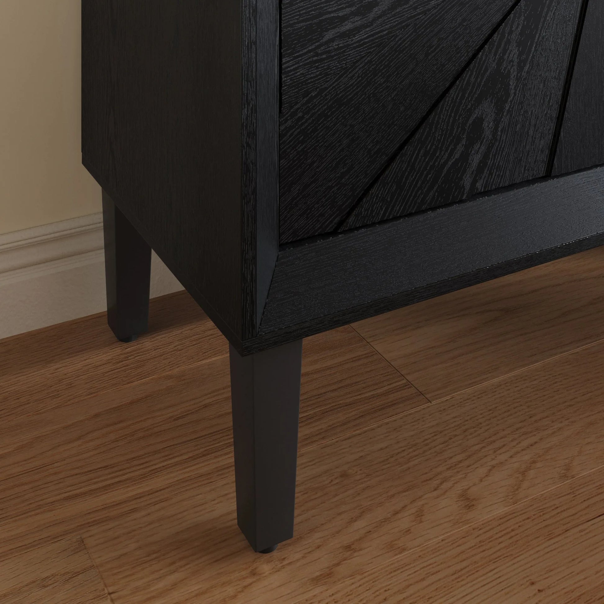 60' Premium Rustic American Farmhouse Credenza in Elegant Black - Symmetrical Sunburst Door Design, Heavy-Duty TV Stand with Adjustable Shelves, Black Wood Storage Cabinet detail view 7
