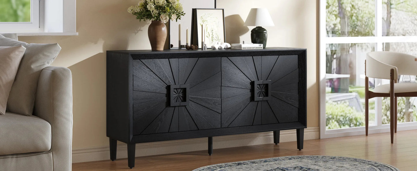 60' Premium Rustic American Farmhouse Credenza in Elegant Black - Symmetrical Sunburst Door Design, Heavy-Duty TV Stand with Adjustable Shelves, Black Wood Storage Cabinet detail view 9