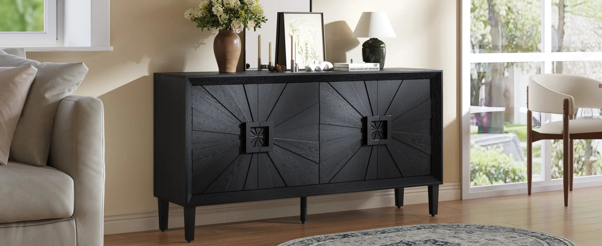 60' Premium Rustic American Farmhouse Credenza in Elegant Black - Symmetrical Sunburst Door Design, Heavy-Duty TV Stand with Adjustable Shelves, Black Wood Storage Cabinet detail view 9