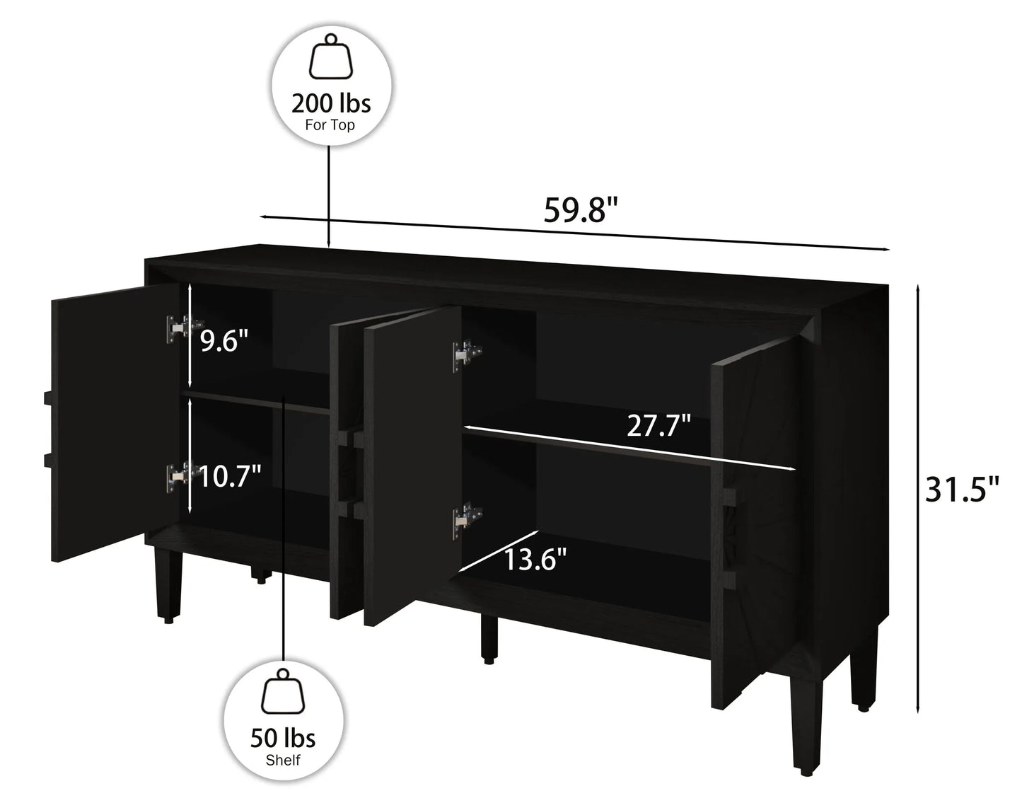60' Premium Rustic American Farmhouse Credenza in Elegant Black - Symmetrical Sunburst Door Design, Heavy-Duty TV Stand with Adjustable Shelves, Black Wood Storage Cabinet detail view 10