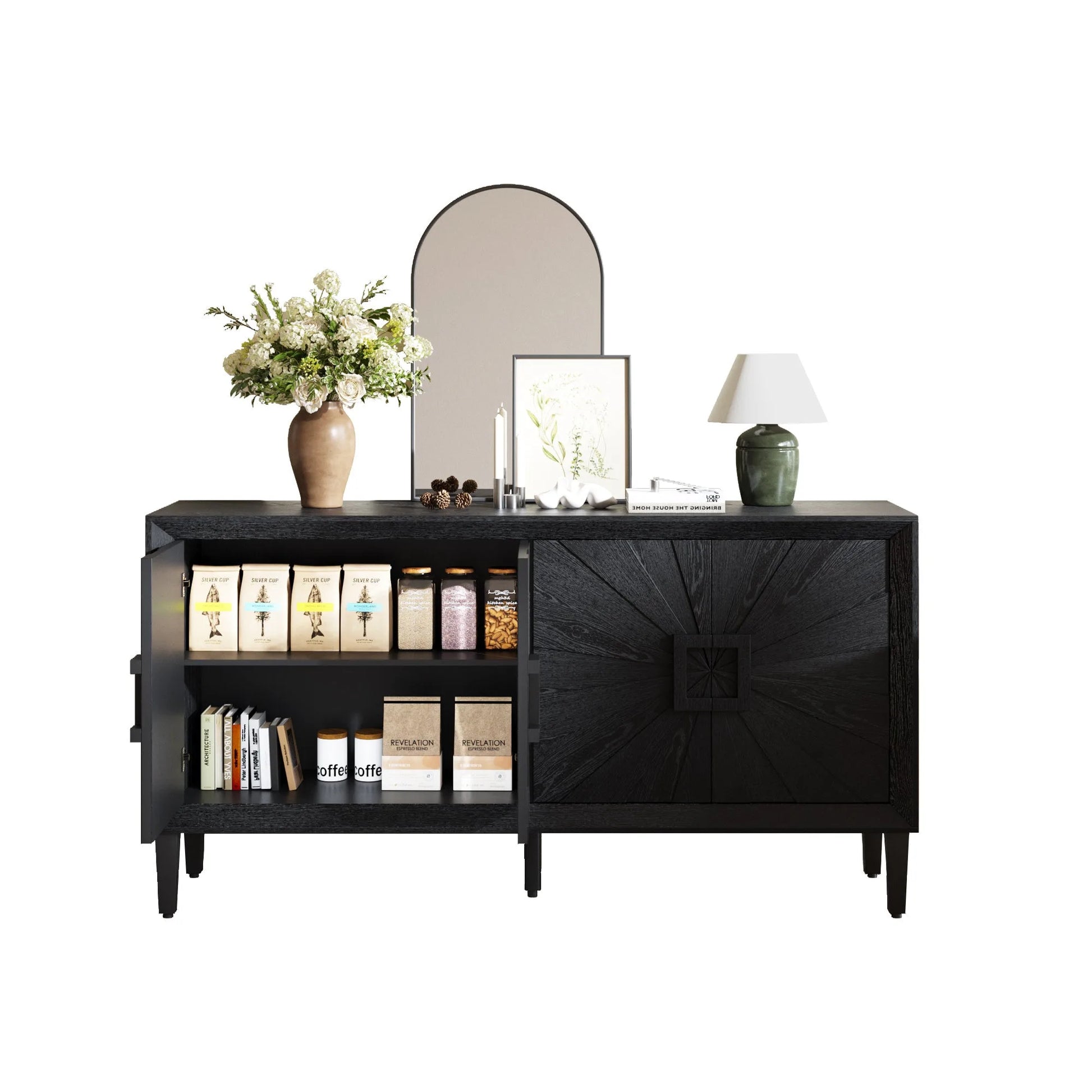 60' Premium Rustic American Farmhouse Credenza in Elegant Black - Symmetrical Sunburst Door Design, Heavy-Duty TV Stand with Adjustable Shelves, Black Wood Storage Cabinet detail view 11