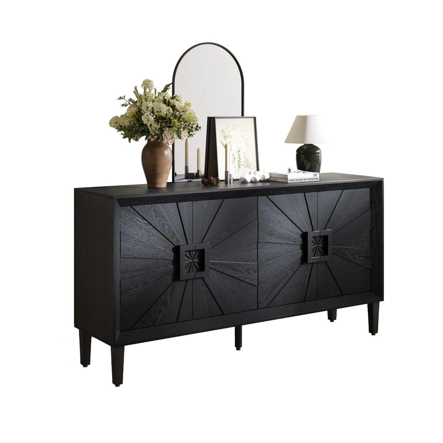 60' Premium Rustic American Farmhouse Credenza in Elegant Black - Symmetrical Sunburst Door Design, Heavy-Duty TV Stand with Adjustable Shelves, Black Wood Storage Cabinet detail view 12