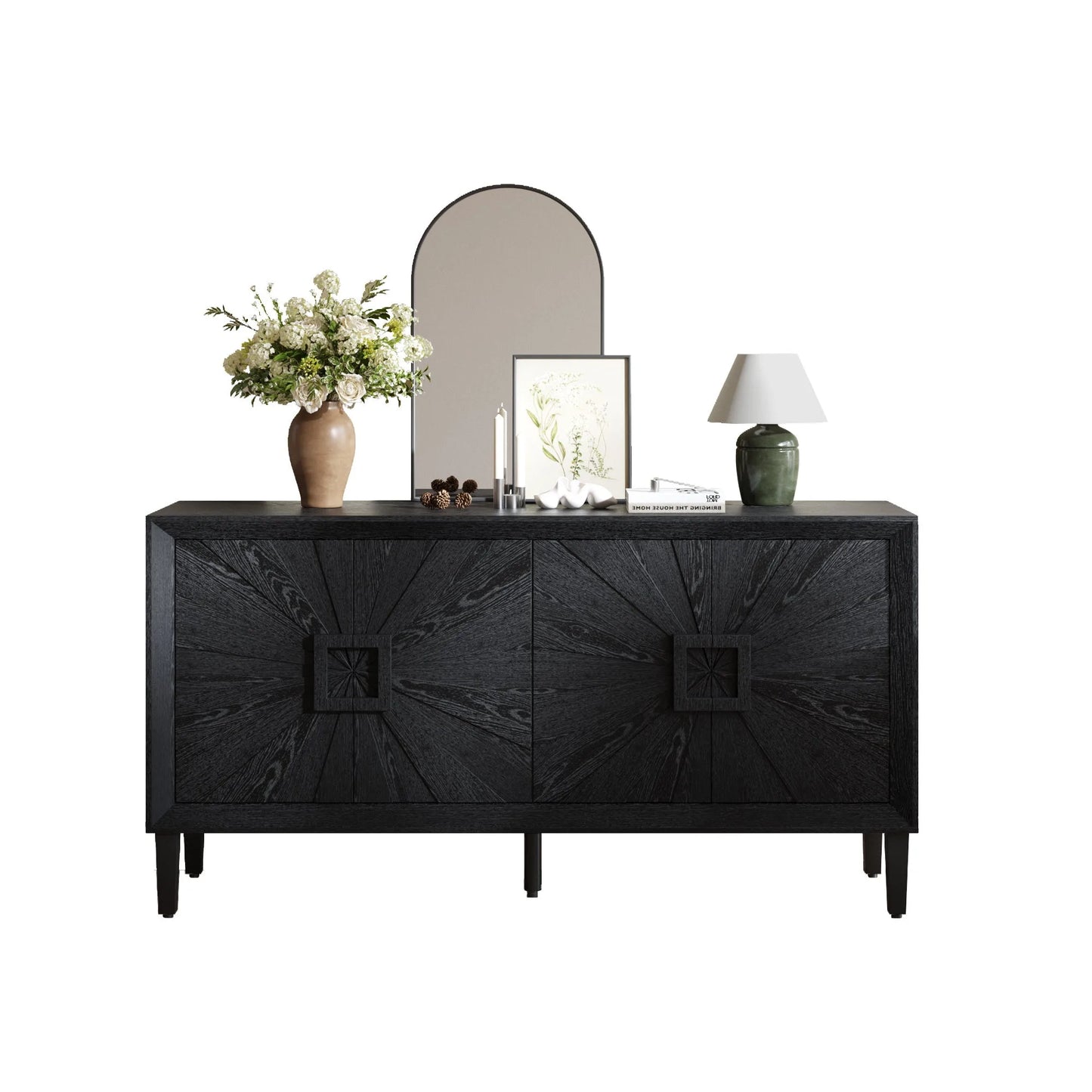 60' Premium Rustic American Farmhouse Credenza in Elegant Black - Symmetrical Sunburst Door Design, Heavy-Duty TV Stand with Adjustable Shelves, Black Wood Storage Cabinet detail view 13