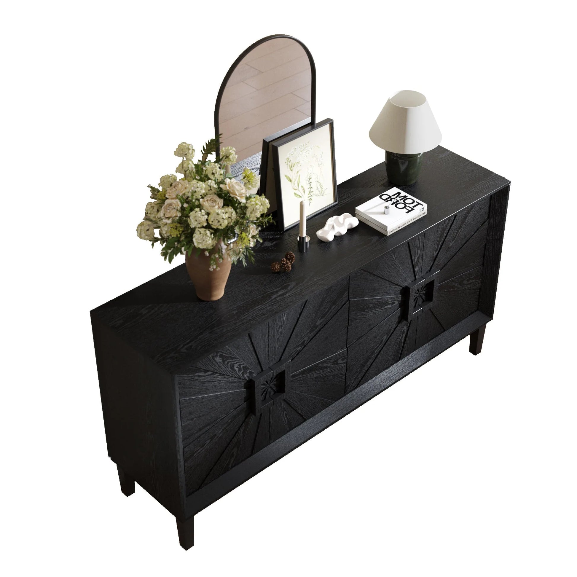 60' Premium Rustic American Farmhouse Credenza in Elegant Black - Symmetrical Sunburst Door Design, Heavy-Duty TV Stand with Adjustable Shelves, Black Wood Storage Cabinet detail view 14