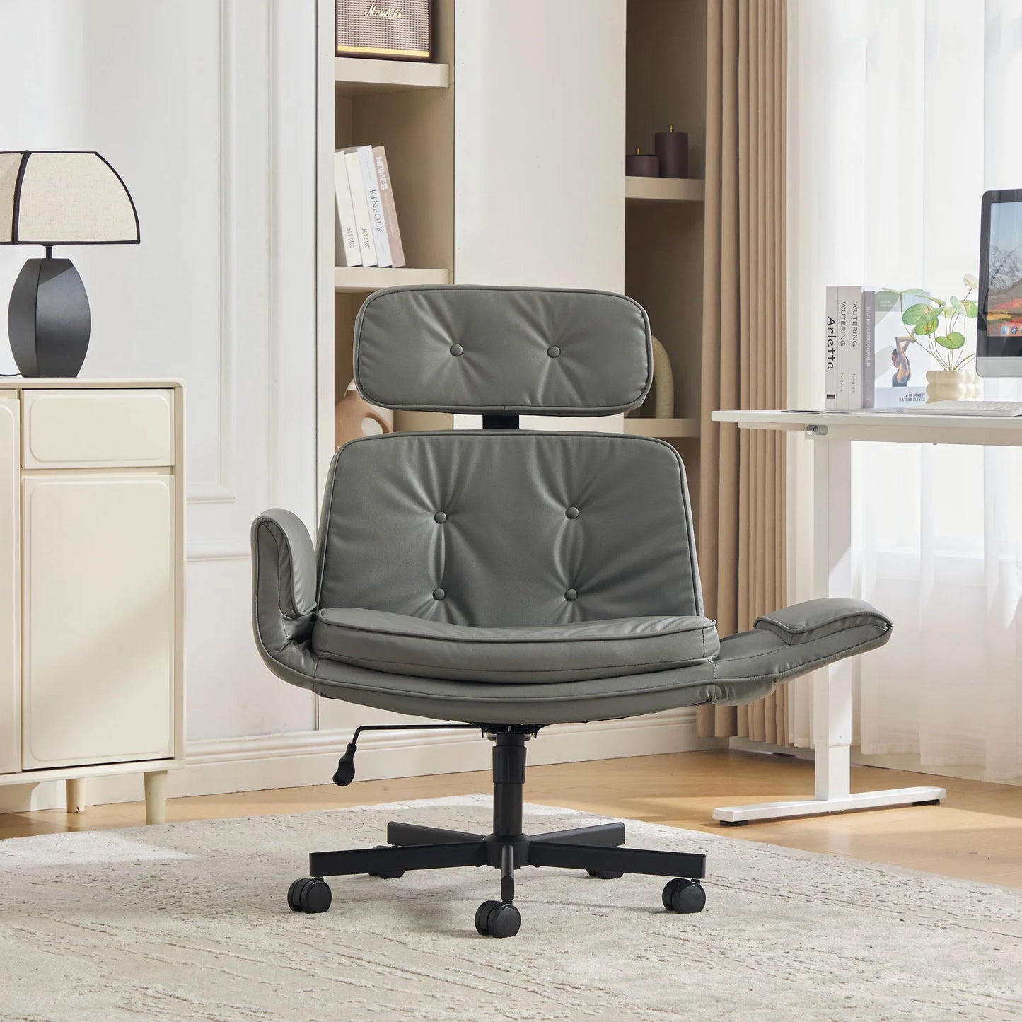Criss Cross Chair with Adjustable Armrests & Wheels & Headrest, PU Lounge Vanity Desk Chair with Wide Seat for Cross-Legged Sitting, Swivel Task Office Chairs for Home, Makeup, Gaming, Office, Grey lifestyle view