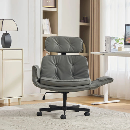 Criss Cross Chair with Adjustable Armrests & Wheels & Headrest, PU Lounge Vanity Desk Chair with Wide Seat for Cross-Legged Sitting, Swivel Task Office Chairs for Home, Makeup, Gaming, Office, Grey lifestyle view