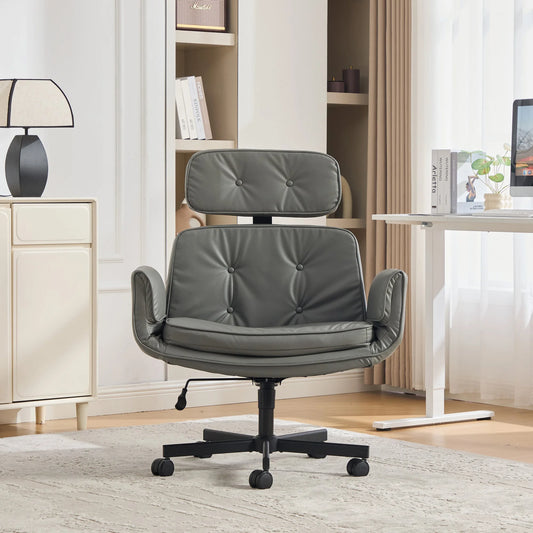 Criss Cross Chair with Adjustable Armrests & Wheels & Headrest, PU Lounge Vanity Desk Chair with Wide Seat for Cross-Legged Sitting, Swivel Task Office Chairs for Home, Makeup, Gaming, Office, Grey detail view 2