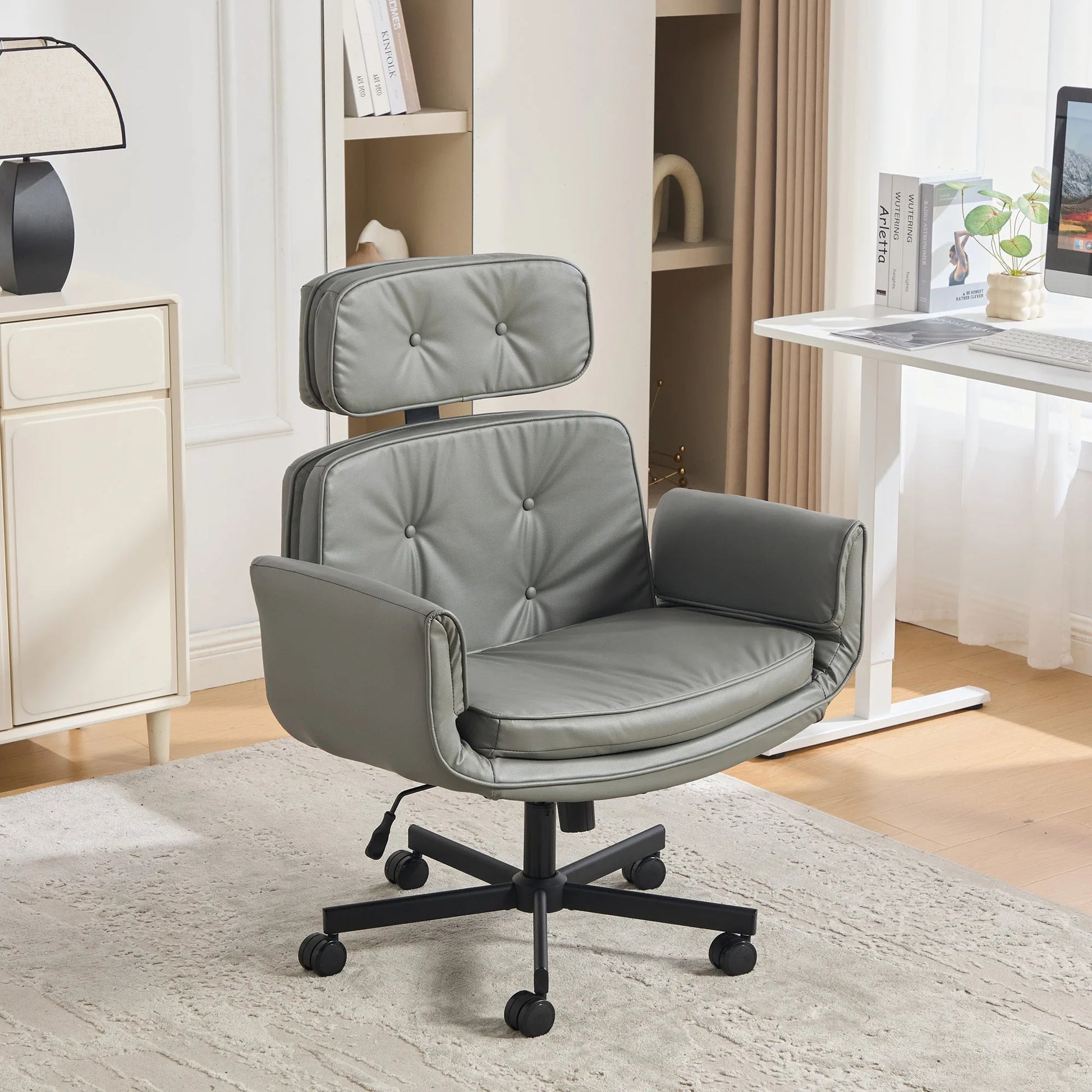 Criss Cross Chair with Adjustable Armrests & Wheels & Headrest, PU Lounge Vanity Desk Chair with Wide Seat for Cross-Legged Sitting, Swivel Task Office Chairs for Home, Makeup, Gaming, Office, Grey detail view 3