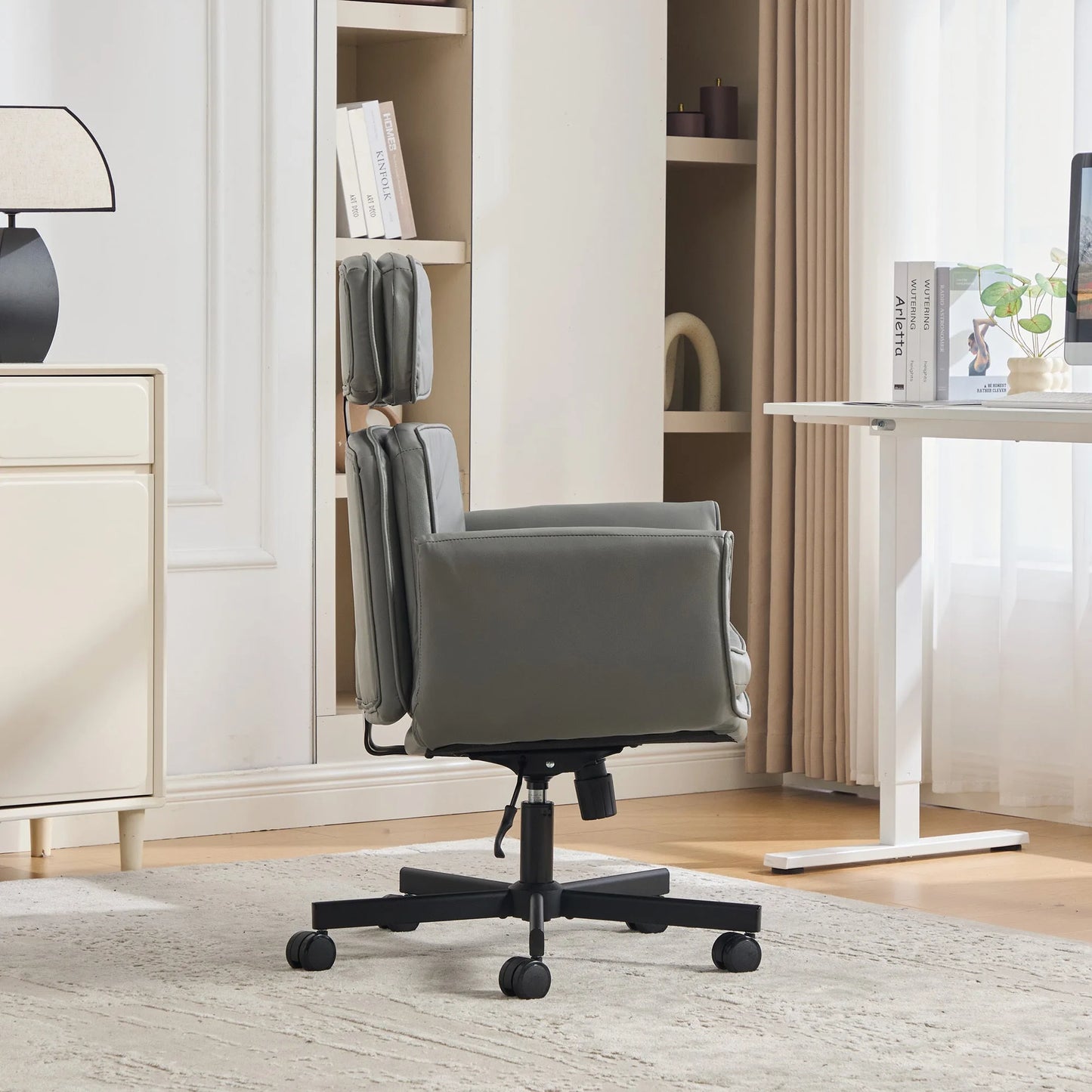 Criss Cross Chair with Adjustable Armrests & Wheels & Headrest, PU Lounge Vanity Desk Chair with Wide Seat for Cross-Legged Sitting, Swivel Task Office Chairs for Home, Makeup, Gaming, Office, Grey detail view 4