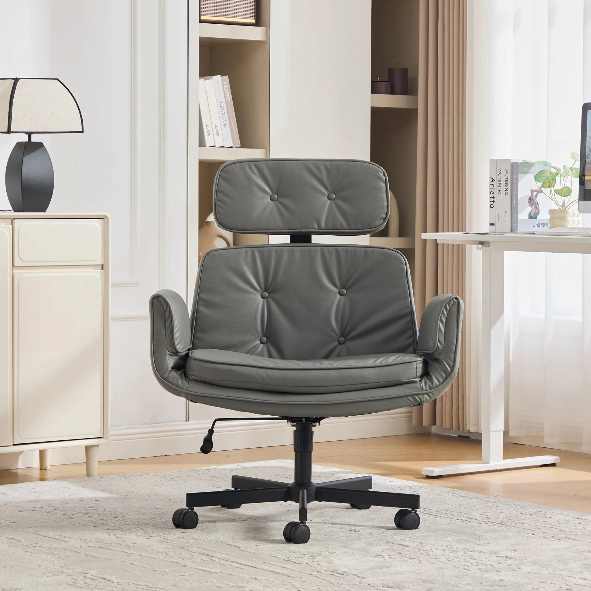 Criss Cross Chair with Adjustable Armrests & Wheels & Headrest, PU Lounge Vanity Desk Chair with Wide Seat for Cross-Legged Sitting, Swivel Task Office Chairs for Home, Makeup, Gaming, Office, Grey detail view 5