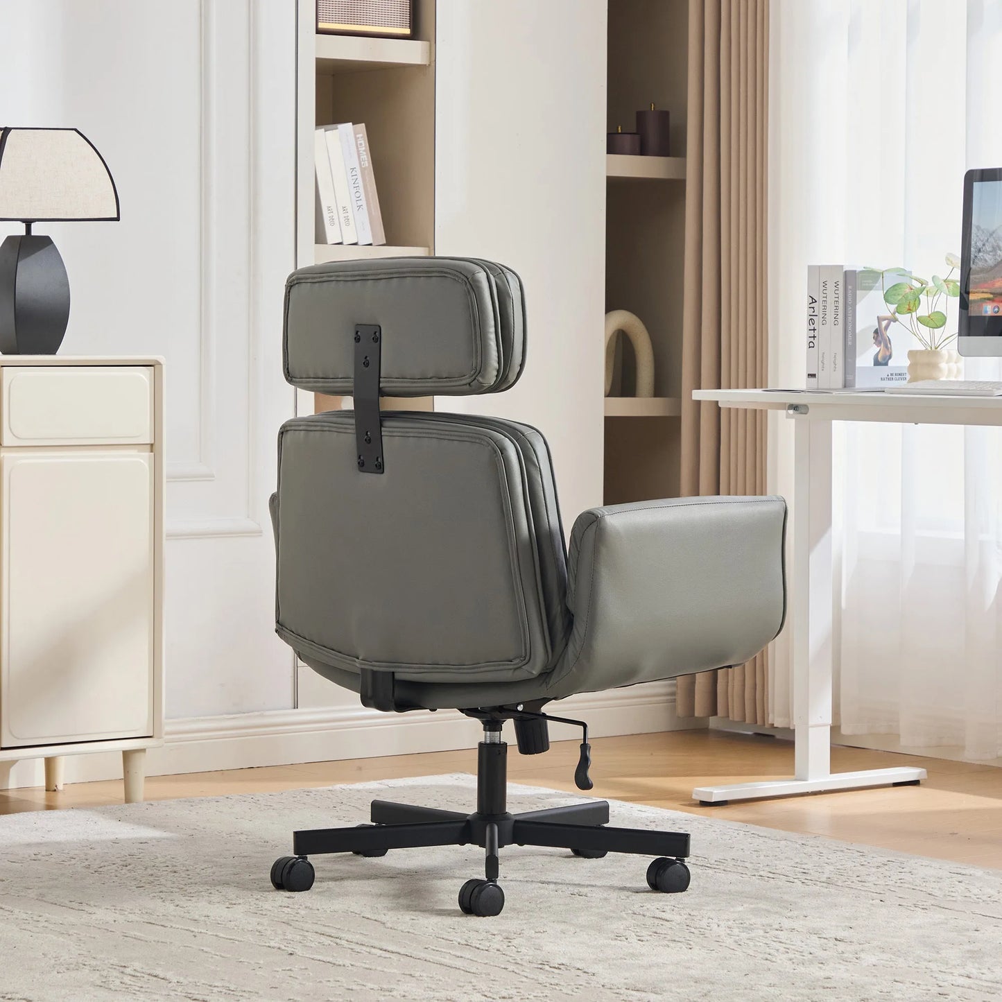 Criss Cross Chair with Adjustable Armrests & Wheels & Headrest, PU Lounge Vanity Desk Chair with Wide Seat for Cross-Legged Sitting, Swivel Task Office Chairs for Home, Makeup, Gaming, Office, Grey detail view 7