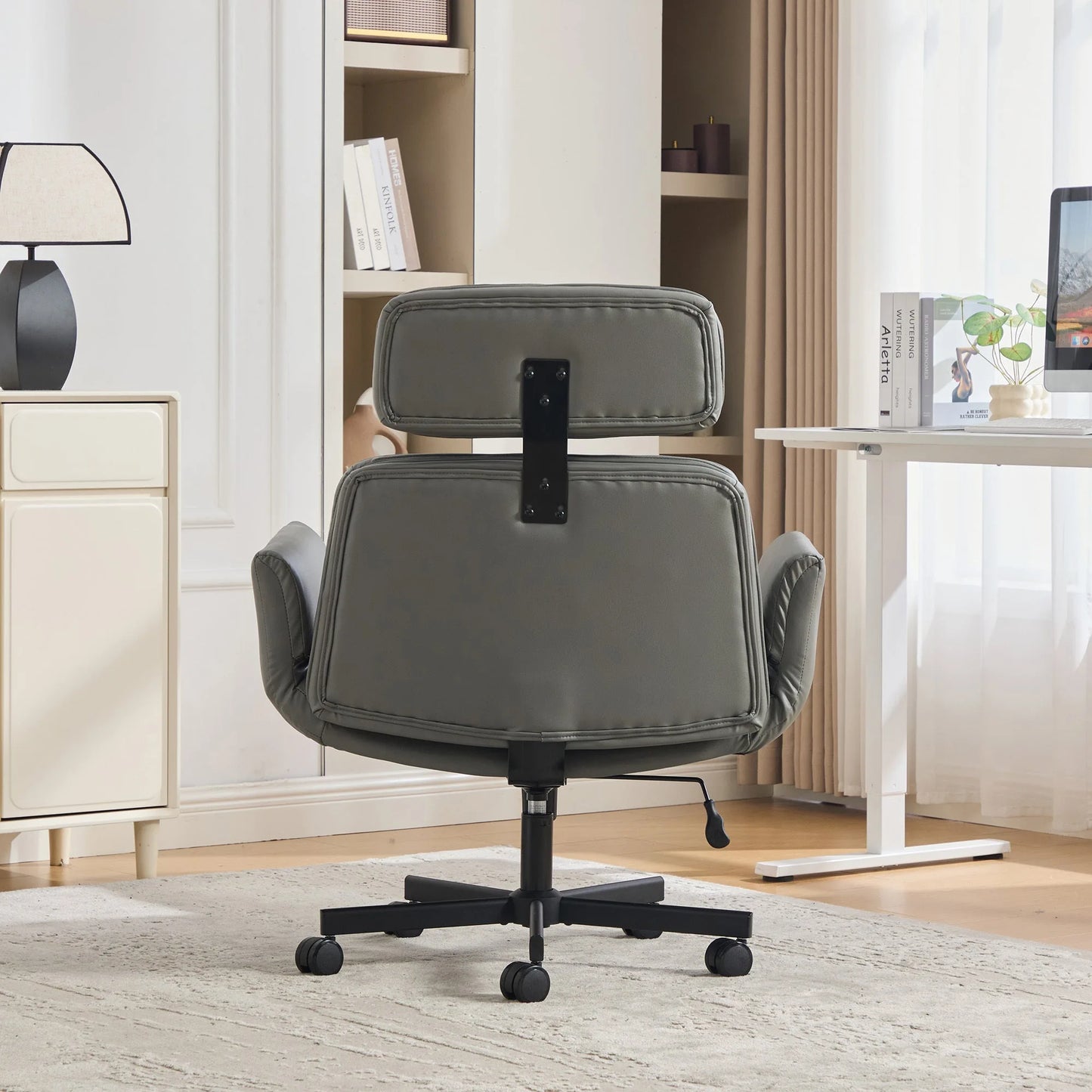 Criss Cross Chair with Adjustable Armrests & Wheels & Headrest, PU Lounge Vanity Desk Chair with Wide Seat for Cross-Legged Sitting, Swivel Task Office Chairs for Home, Makeup, Gaming, Office, Grey detail view 8