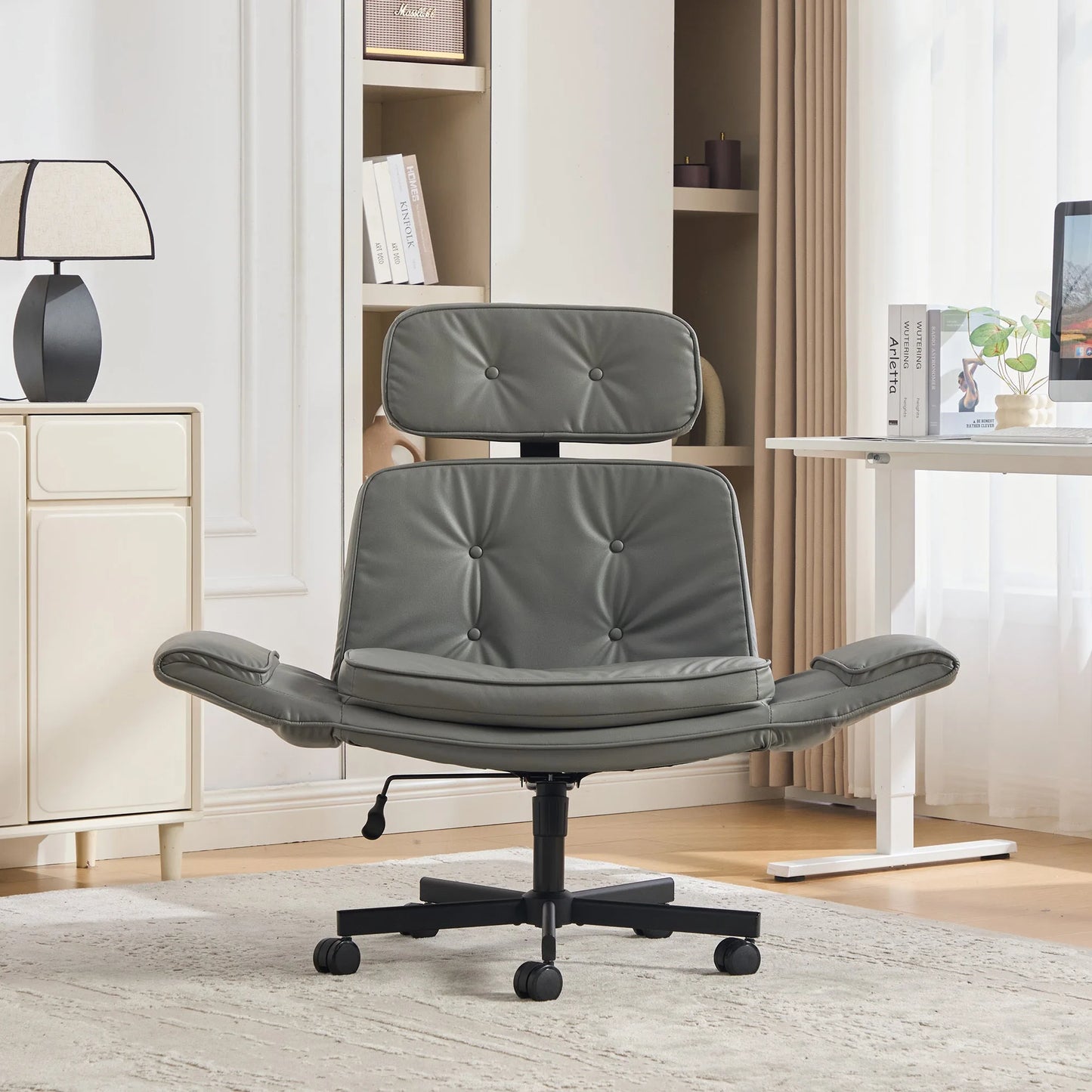 Criss Cross Chair with Adjustable Armrests & Wheels & Headrest, PU Lounge Vanity Desk Chair with Wide Seat for Cross-Legged Sitting, Swivel Task Office Chairs for Home, Makeup, Gaming, Office, Grey detail view 9