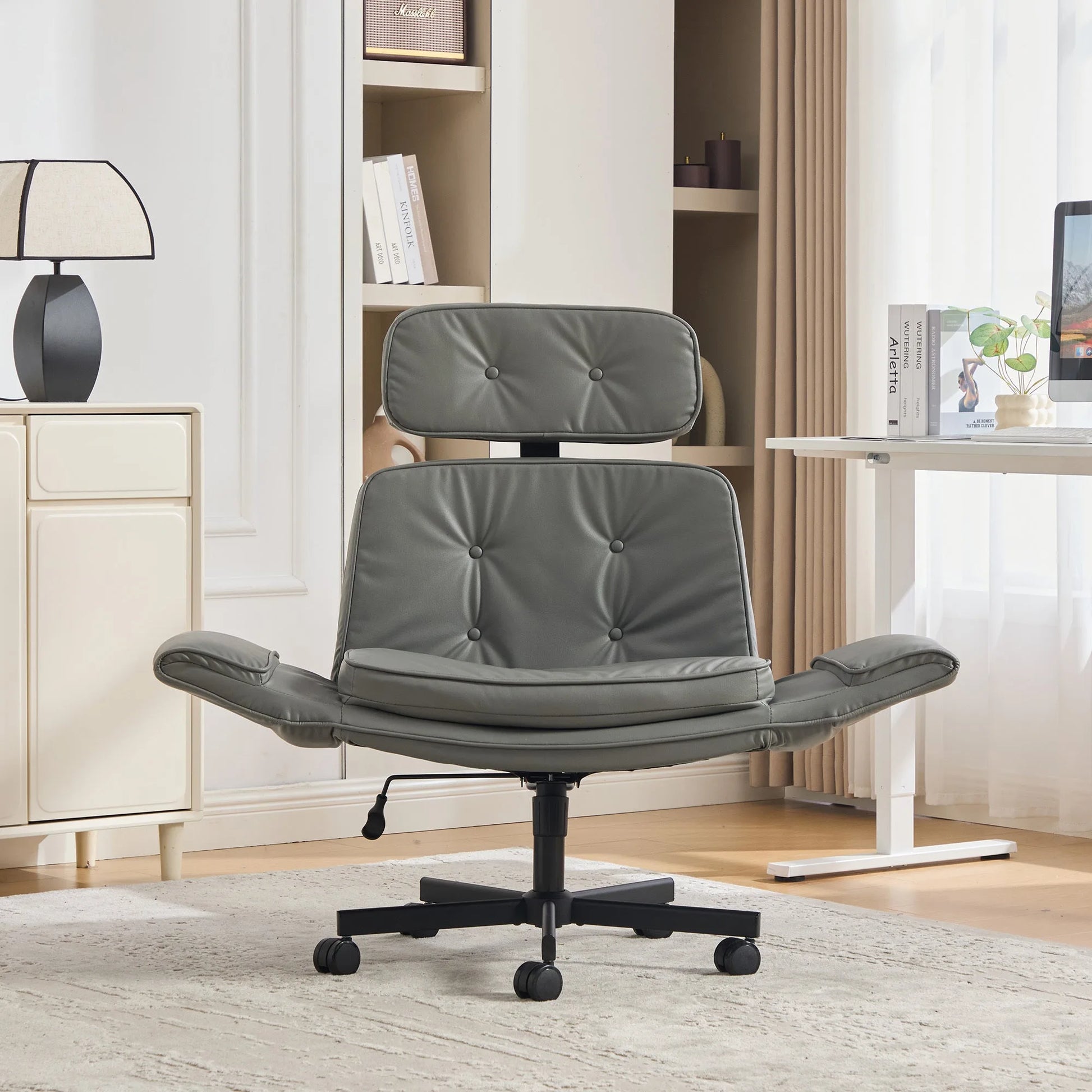Criss Cross Chair with Adjustable Armrests & Wheels & Headrest, PU Lounge Vanity Desk Chair with Wide Seat for Cross-Legged Sitting, Swivel Task Office Chairs for Home, Makeup, Gaming, Office, Grey detail view 9