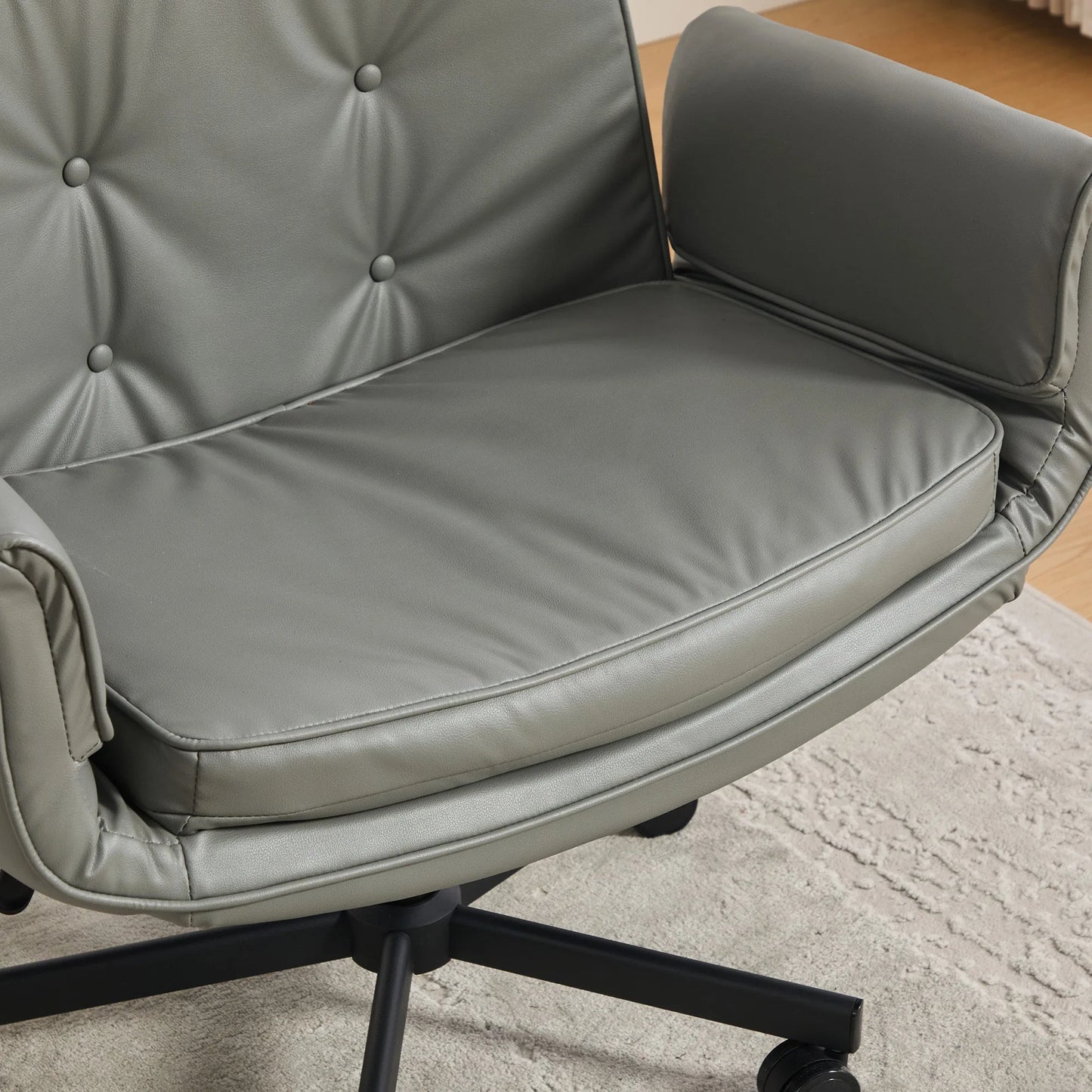 Criss Cross Chair with Adjustable Armrests & Wheels & Headrest, PU Lounge Vanity Desk Chair with Wide Seat for Cross-Legged Sitting, Swivel Task Office Chairs for Home, Makeup, Gaming, Office, Grey detail view 11