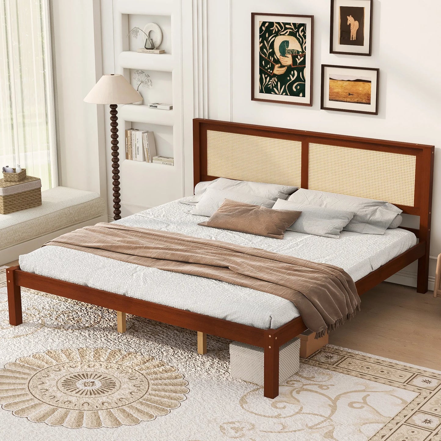 King Size Solid Wood Platform Bed Frame with Rattan Headboard, Farmhouse Cane Panel Bed, Under Bed Storage Clearance, No Box Spring Needed, Sturdy Support Legs, Walnut Finish lifestyle view