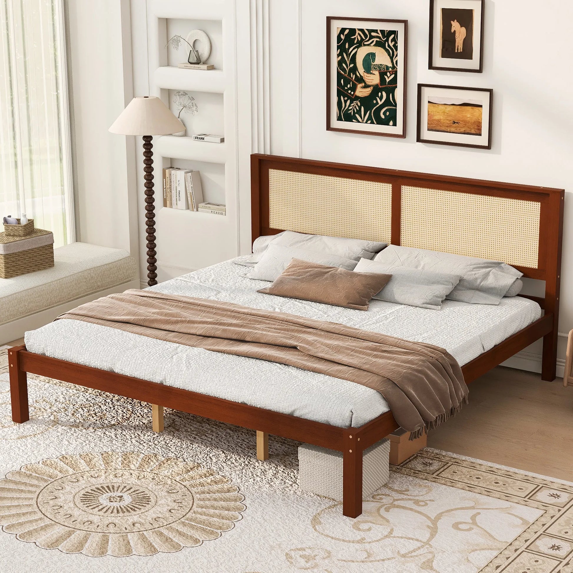 King Size Solid Wood Platform Bed Frame with Rattan Headboard, Farmhouse Cane Panel Bed, Under Bed Storage Clearance, No Box Spring Needed, Sturdy Support Legs, Walnut Finish lifestyle view