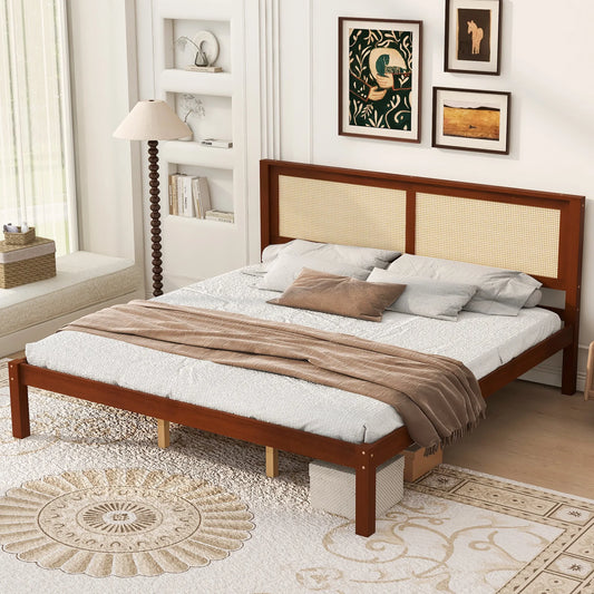 King Size Solid Wood Platform Bed Frame with Rattan Headboard, Farmhouse Cane Panel Bed, Under Bed Storage Clearance, No Box Spring Needed, Sturdy Support Legs, Walnut Finish lifestyle view