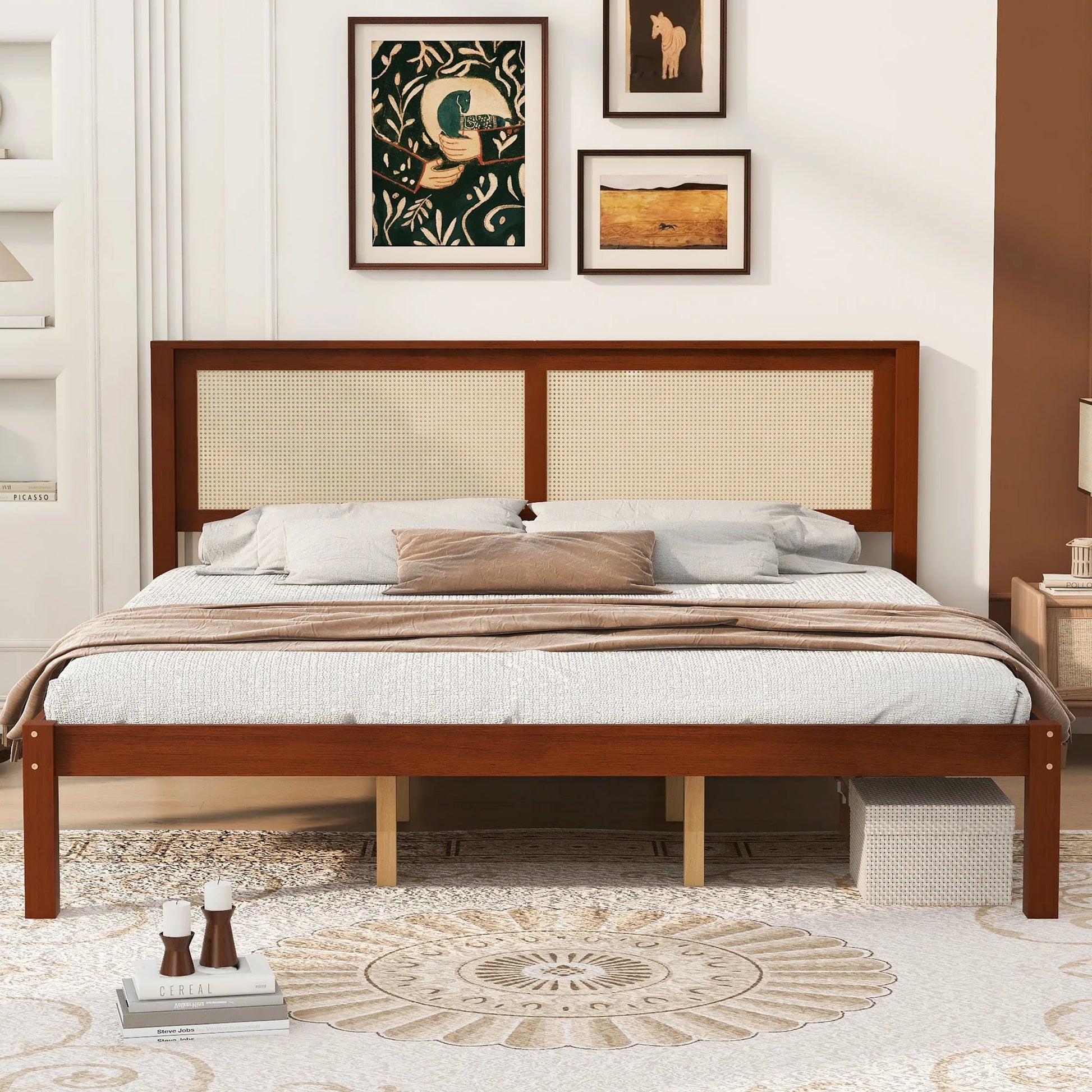 King Size Solid Wood Platform Bed Frame with Rattan Headboard, Farmhouse Cane Panel Bed, Under Bed Storage Clearance, No Box Spring Needed, Sturdy Support Legs, Walnut Finish detail view 2
